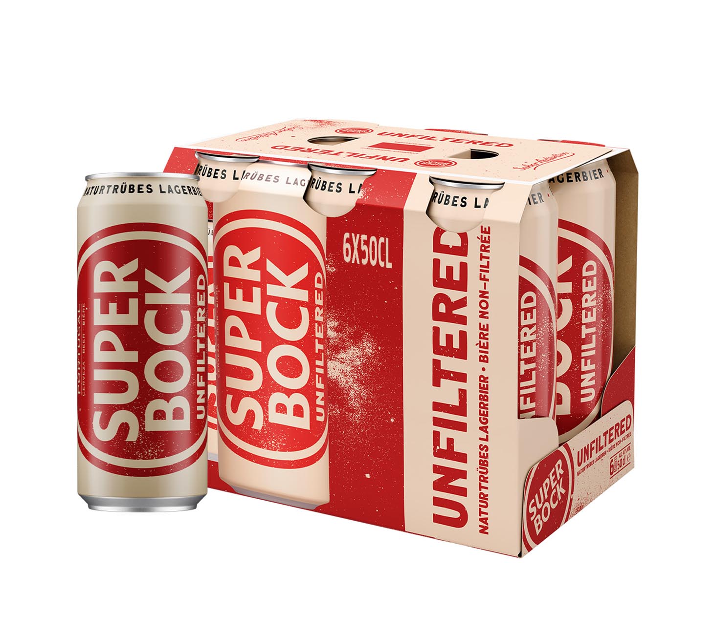 DE: Super Bock Unfiltered Bier 50cl 6 Pack MHI – portugiesisches, naturbelassenes Lagerbier im 6er-Pack mit zusätzlicher Einzeldose, Produktdarstellung vor weissem Hintergrund.
FR: Super Bock Unfiltered Biere 50cl 6 Pack MHI – bière portugaise non filtrée en pack de six canettes avec canette individuelle, visuel produit sur fond blanc.
IT: Super Bock Unfiltered Birra 50cl 6 Pack MHI – birra portoghese non filtrata in confezione da sei lattine con lattina singola, immagine prodotto su sfondo bianco.