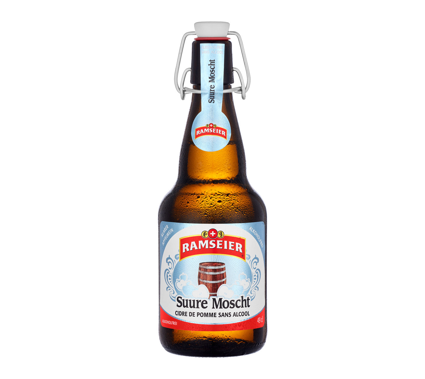 Ramseier Suure Moscht alkoholfrei, Schweizer Most, erfrischend, traditionell, hochwertige 49cl Flasche vor neutralem Hintergrund.