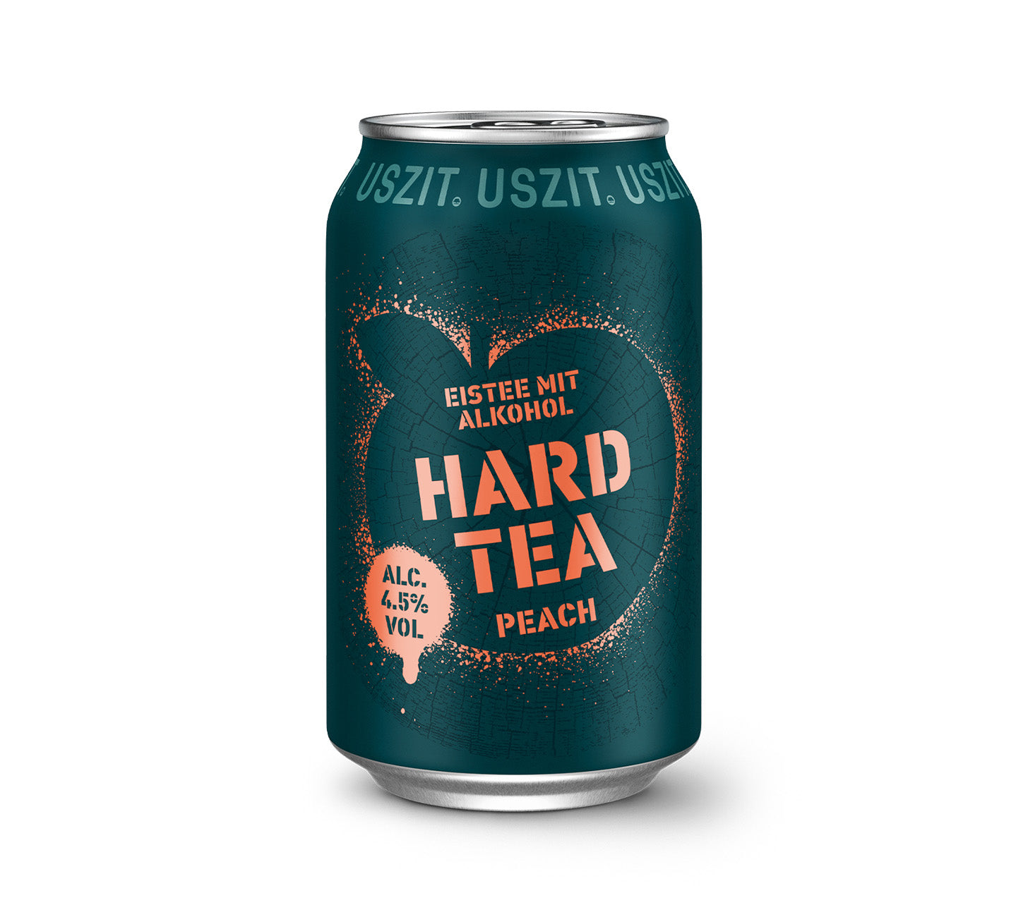 DE: USZIT Hard Tea Peach 33cl – Einzeldose Hard Tea mit Pfirsichgeschmack, modernes Design, vor neutralem Hintergrund.
FR: USZIT Hard Tea Pêche 33cl – canette hard tea à la pêche, design moderne, sur fond neutre.
IT: USZIT Hard Tea Pesca 33cl – lattina di hard tea alla pesca, design moderno, su sfondo neutro.