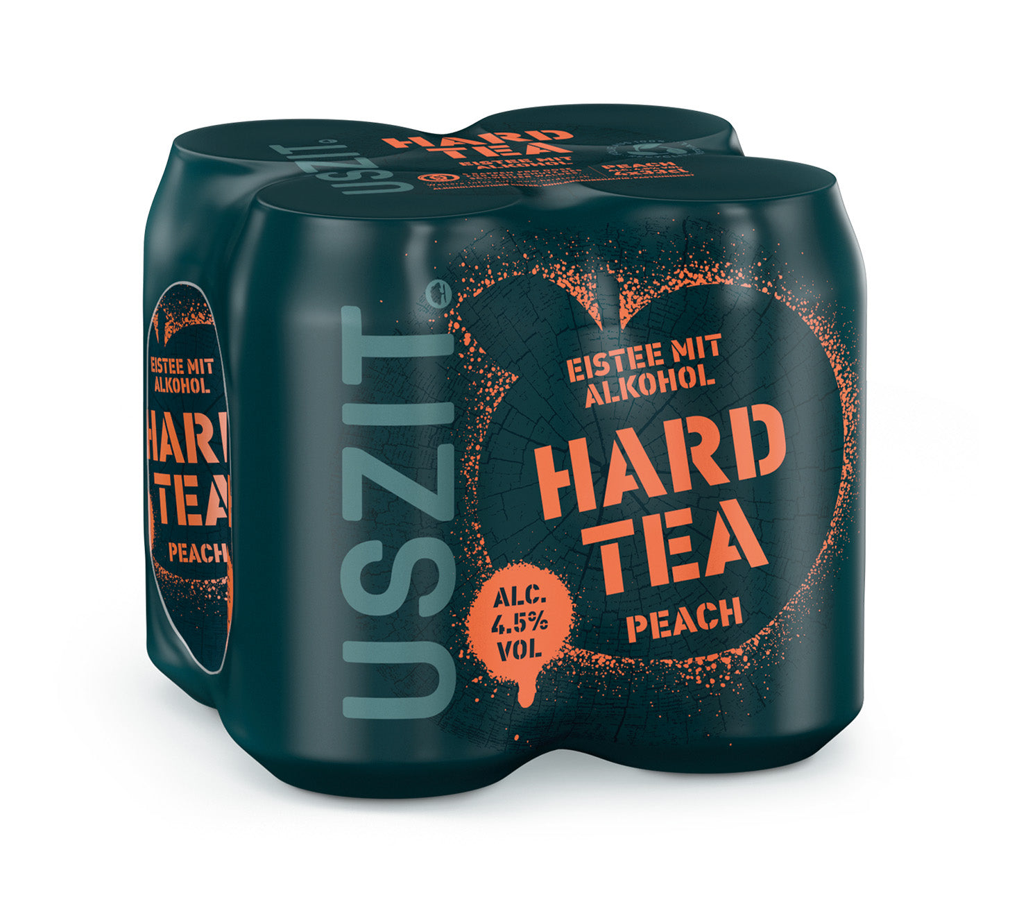 DE: USZIT Hard Tea Peach 33cl 4-Pack – Hard Tea mit fruchtiger Pfirsichnote, modernes Dosenpack, vor neutralem Hintergrund.
FR: USZIT Hard Tea Pêche 33cl pack de 4 – hard tea à la pêche, pack moderne, sur fond neutre.
IT: USZIT Hard Tea Pesca 33cl 4-pack – hard tea alla pesca, confezione moderna, su sfondo neutro.