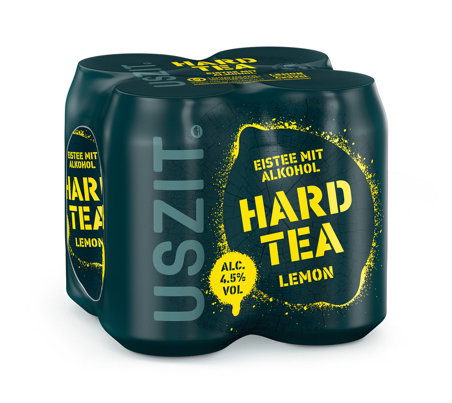 DE: USZIT Hard Tea Lemon 33cl 4er-Pack, zitroniger Hard Tea mit feiner Tee-Note, vor neutralem Hintergrund.
FR: USZIT Hard Tea Lemon 33cl pack de 4, hard tea citron rafraîchissant, sur fond neutre.
IT: USZIT Hard Tea Lemon 33cl confezione da 4, hard tea al limone fresco, su sfondo neutro.