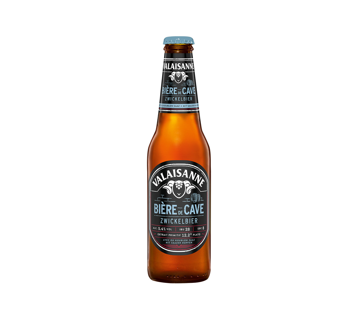 DE: Valaisanne Bière de Cave 33cl Flasche – charaktervolles Bier mit malzigem Profil, vor neutralem Hintergrund.
FR: Valaisanne Bière de Cave bouteille 33cl – bière de caractère au profil malté, sur fond neutre.
IT: Valaisanne Bière de Cave bottiglia 33cl – birra di carattere dal profilo maltato, su sfondo neutro.
