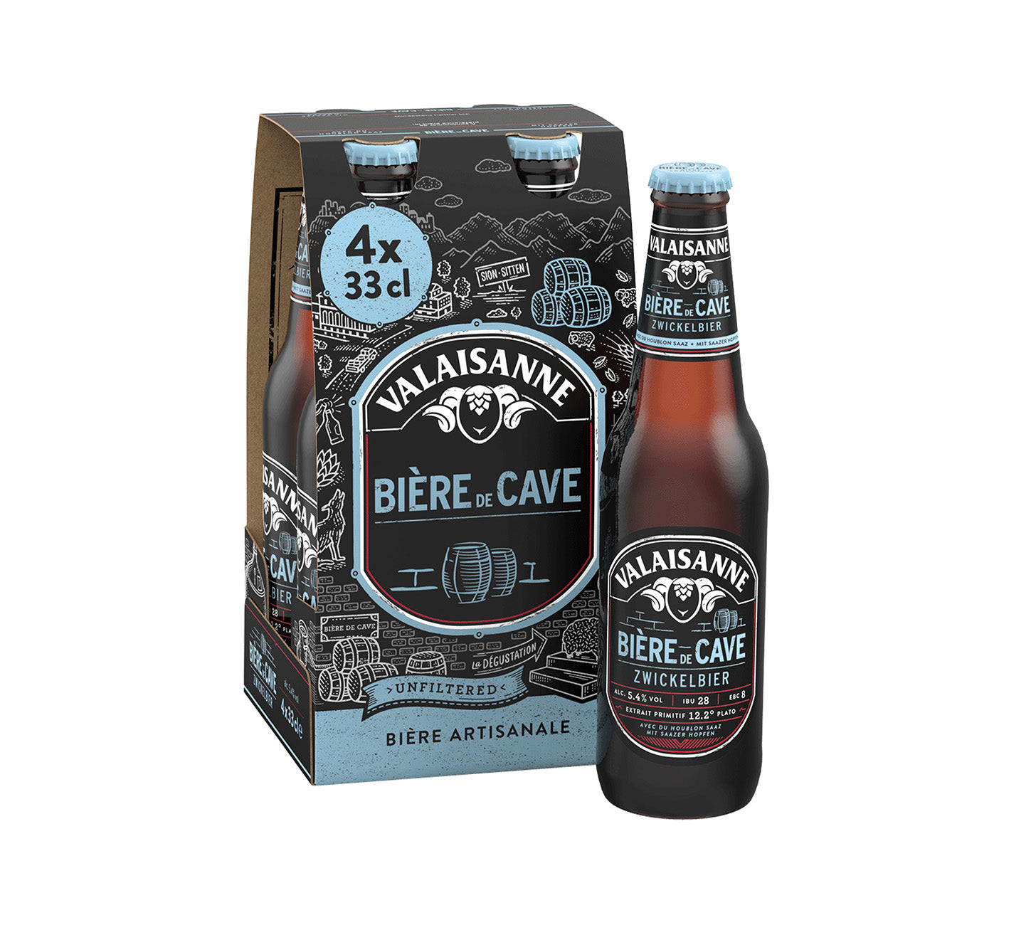 DE:Valaisanne Bière de Cave 4×33cl MHI-Pack – charaktervolles Bier im handlichen Viererpack mit Flasche, vor neutralem Hintergrund.
FR:Valaisanne Bière de Cave 4×33cl pack MHI – bière de caractère en pack de quatre avec bouteille, sur fond neutre.
IT:Valaisanne Bière de Cave 4×33cl confezione MHI – birra di carattere in pratico pack da quattro con bottiglia, su sfondo neutro.