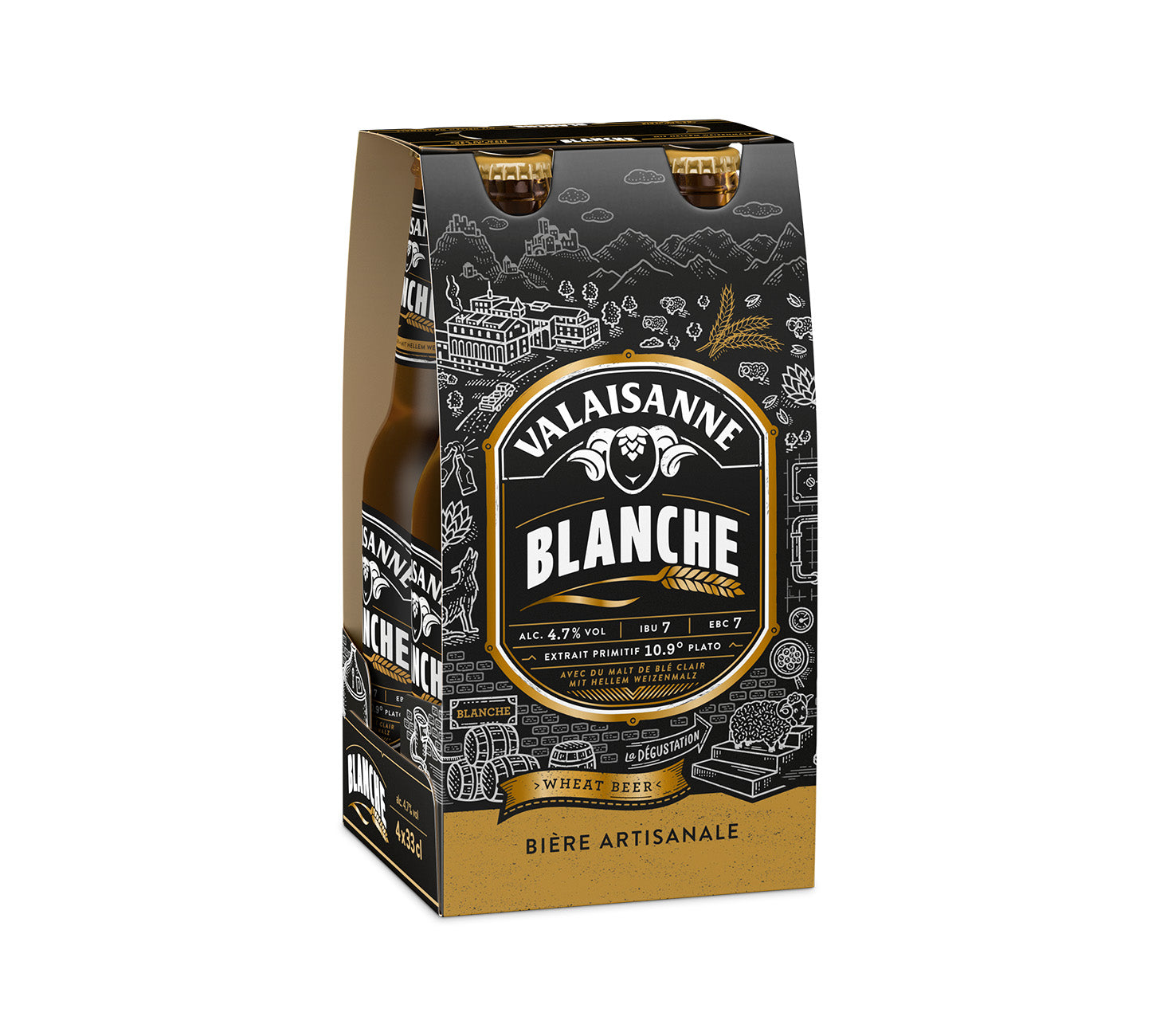 DE: Valaisanne Blanche 33cl 4-Pack – helles Weizenbier mit Zitrus-, Steinobst- und Nelkennoten.
FR: Valaisanne Blanche 4x33cl – bière blanche légère aux arômes d’agrumes et d’épices.
IT: Valaisanne Blanche 4x33cl – birra bianca fresca con note agrumate e speziate.