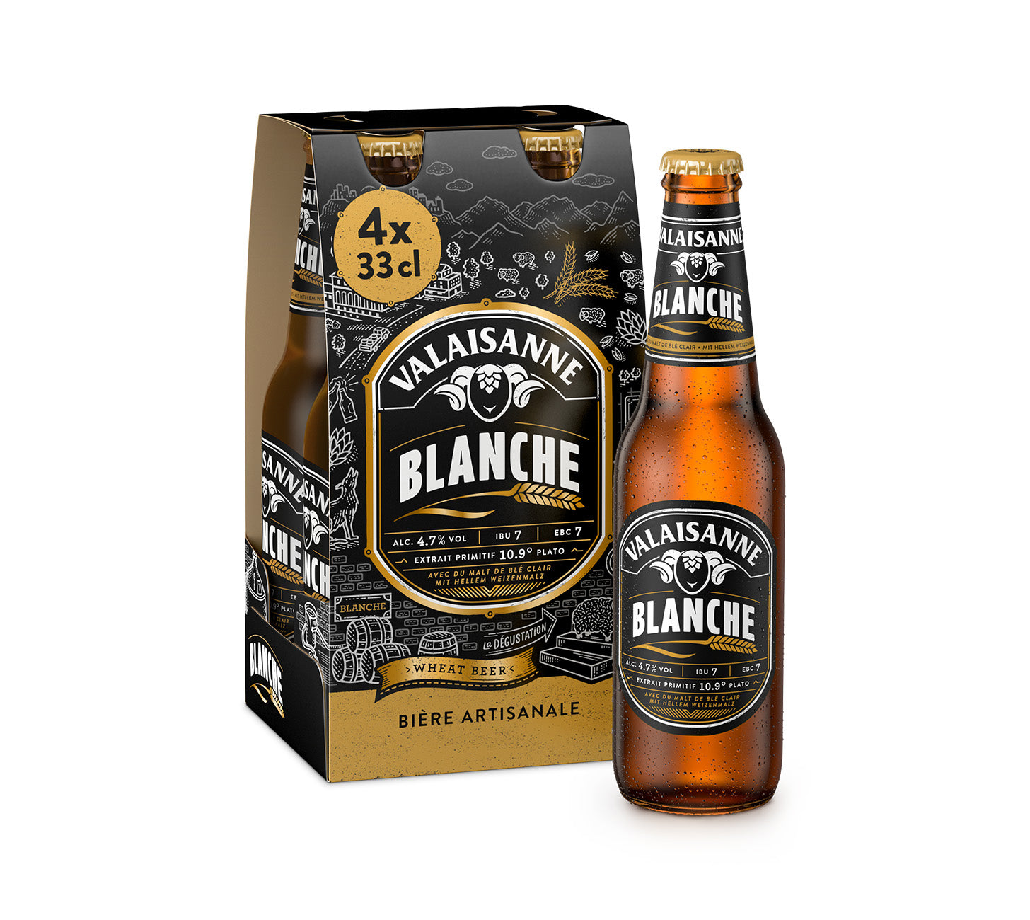 DE: Valaisanne Blanche 33cl 4-Pack MHI – spritziges Walliser Weizenbier mit feiner Trübung.
FR: Valaisanne Blanche 4x33cl MHI – bière blanche du Valais, fraîche et légèrement trouble.
IT: Valaisanne Blanche 4x33cl MHI – birra bianca vallese, fresca e leggermente velata.