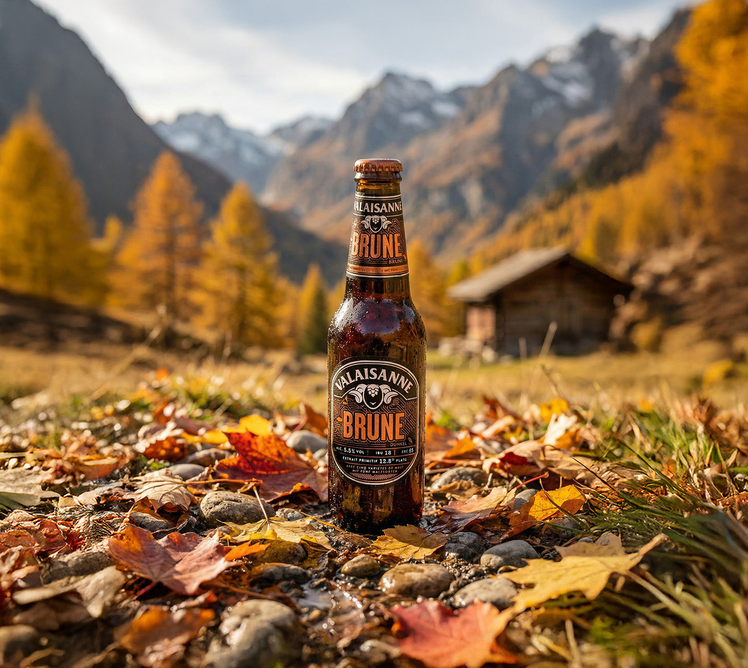 DE: Valaisanne Brune – stimmungsvolles Herbstbild mit der dunklen Spezialbierflasche im Walliser Ambiente.
FR: Valaisanne Brune – image d’ambiance automnale avec la bière brune dans un décor valaisan.
IT: Valaisanne Brune – immagine mood autunnale con la birra scura in un paesaggio del Vallese.
