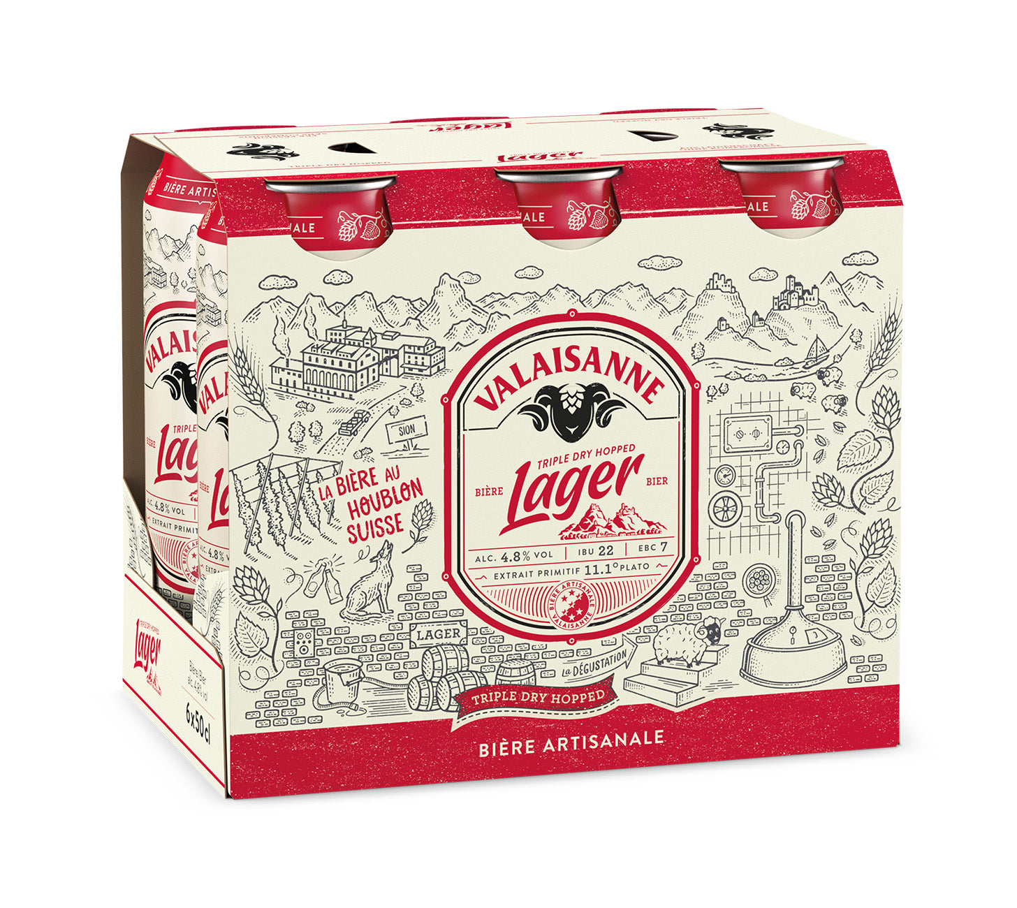 DE: Valaisanne Lager Bier 50cl 6-Pack – klassisches Lager Bier mit frischem Geschmack, feinherber Note und ausgewogenem Malzkörper.
FR: Valaisanne Lager Bière 50cl 6-Pack – biere lager classique, fraiche et equilibree avec une note legerement amere.
IT: Valaisanne Lager Birra 50cl 6-Pack – birra lager classica, fresca ed equilibrata con gusto delicatamente amaro.