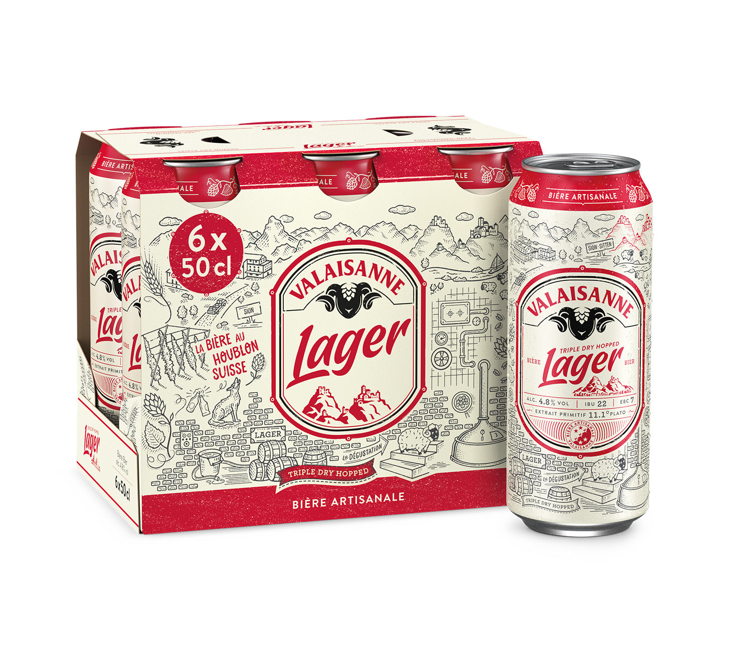 DE: Valaisanne Lager Bier 50cl 6-Pack – klassisches, frisches Lagerbier mit feinherber Note im praktischen Sechserpack, vor neutralem Hintergrund.
FR: Valaisanne Lager Bière 50cl 6-Pack – bière lager fraîche et équilibrée avec une légère amertume, en pack de six, sur fond neutre.
IT: Valaisanne Lager Birra 50cl 6-Pack – birra lager fresca ed equilibrata con nota delicatamente amara, in confezione da sei, su sfondo neutro.