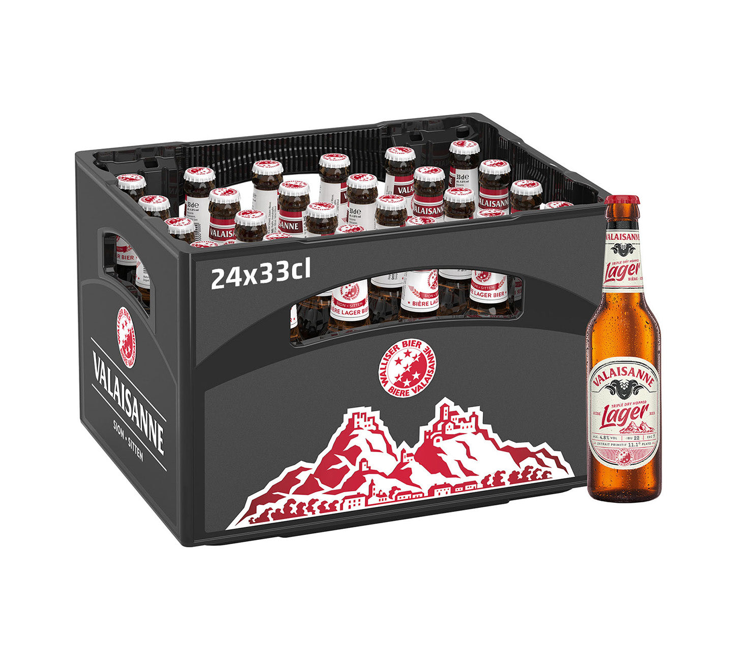 DE:Valaisanne Lager Bier 33cl 24-Harasse MHI – erfrischendes Lagerbier mit ausgewogenem Geschmack und feinherber Note in der Mehrwegkiste.
FR:Valaisanne Lager 33cl 24-caisses MHI – bière suisse rafraîchissante et équilibrée avec notes légèrement amères en casier réutilisable.
IT: Valaisanne Lager 33cl 24-cassa MHI – birra svizzera rinfrescante e bilanciata con leggere note amare in cassa a rendere.
