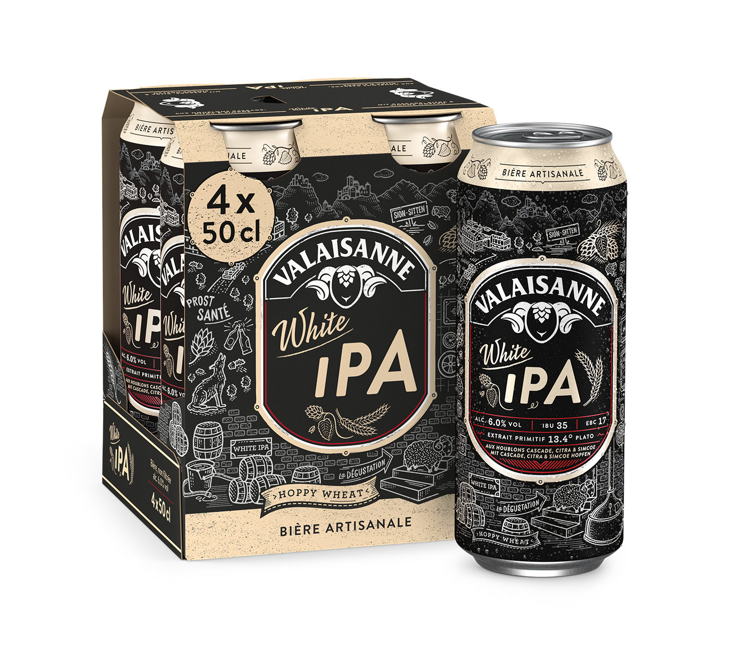 DE: Valaisanne White IPA Bier 50cl 4-Pack – aromatisches White IPA mit fruchtigen Zitrusnoten und Hopfenaromen im praktischen 4er-Pack, MHI-Produktbild.
FR: Valaisanne White IPA Bière 50cl 4-Pack – bière IPA blanche aromatique aux notes d’agrumes et de houblon, en pack pratique de 4, visuel MHI.
IT: Valaisanne White IPA Birra 50cl 4-Pack – birra White IPA aromatica con note agrumate e di luppolo, nel pratico pacco da 4, immagine MHI.