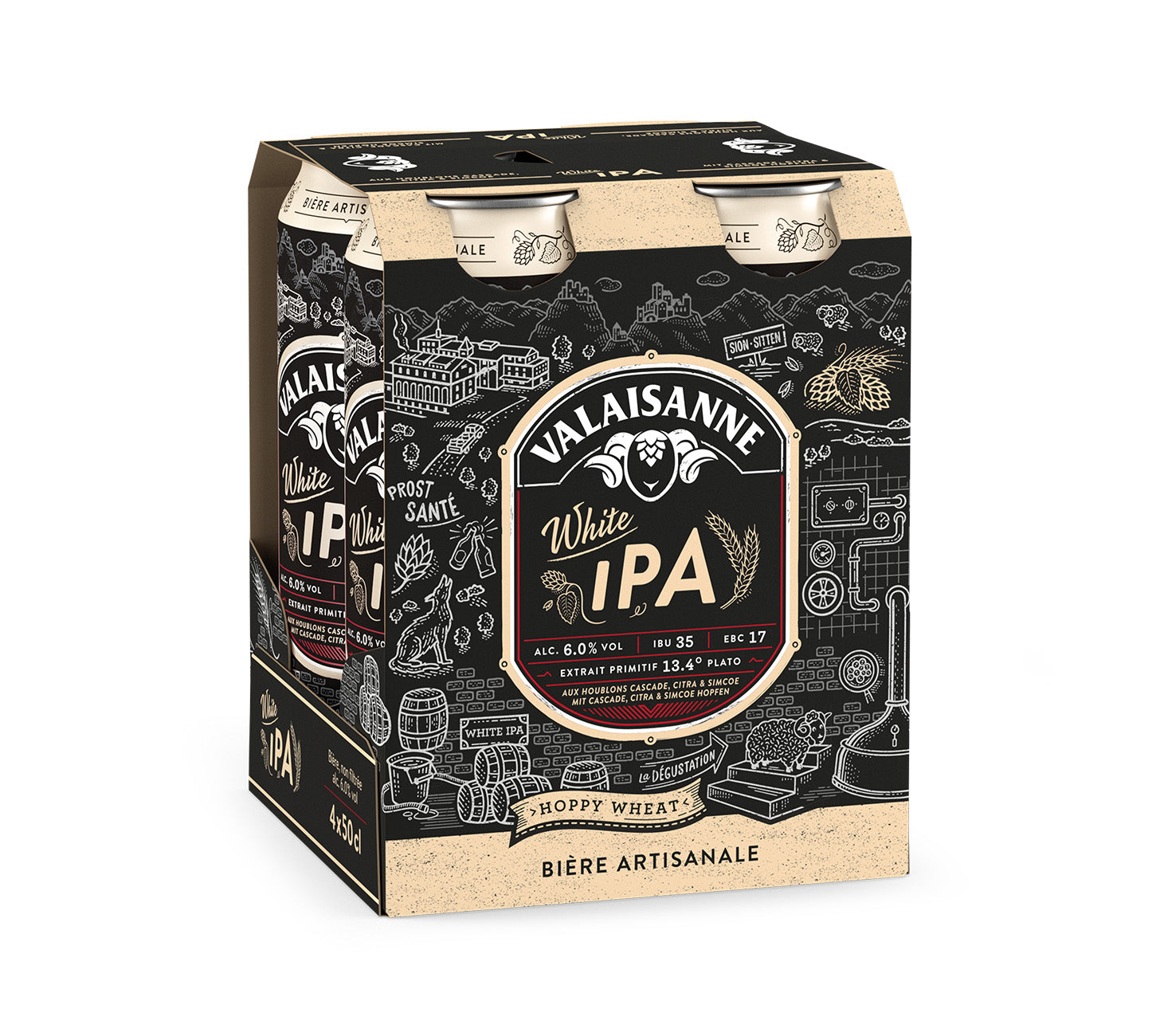 DE: Valaisanne White IPA Bier 50cl 4-Pack – aromatisches White IPA mit fruchtigen Zitrusnoten und Hopfenaromen im praktischen 4er-Pack.
FR: Valaisanne White IPA Bière 50cl 4-Pack – biere IPA blanche aromatique aux notes d’agrumes et de houblon, en pratique pack de 4.
IT: Valaisanne White IPA Birra 50cl 4-Pack – birra White IPA aromatica con note agrumate e di luppolo, nel pratico pacco da 4.
