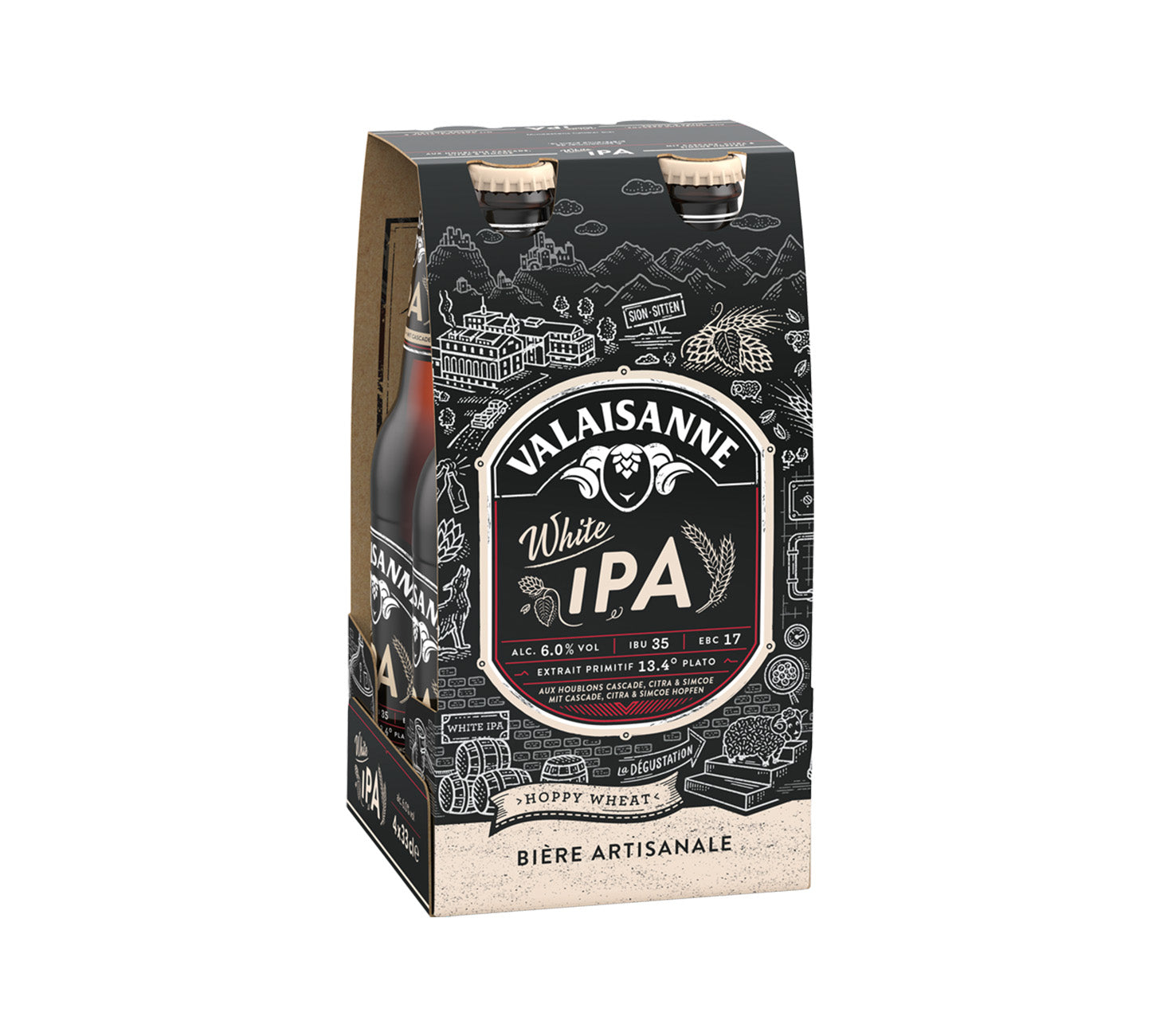 DE: Valaisanne White IPA Bier 33cl 4-Pack – aromatisches Bier mit Zitrusnoten, tropischen Fruchtnoten und feiner Bitterkeit im 4er-Pack.
FR: Valaisanne White IPA Bière 33cl 4-Pack – biere aromatique aux notes d’agrumes et de fruits tropicaux avec une amertume delicate.
IT: Valaisanne White IPA Birra 33cl 4-Pack – birra aromatica con note di agrumi, frutta tropicale e un’amarezza delicata.
