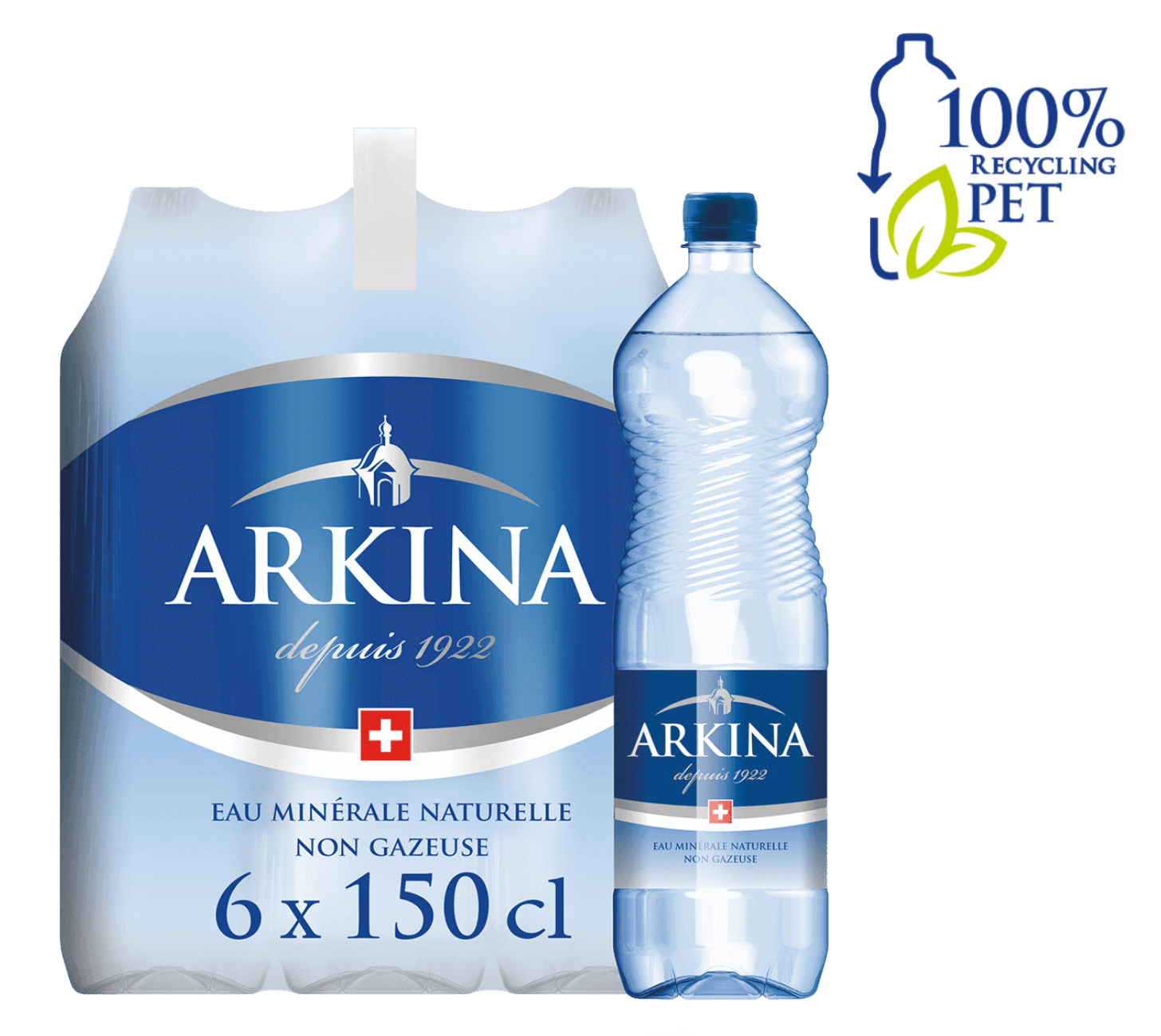 DE: Arkina Blau ohne Kohlensäure 150cl 6-Pack – stilles Mineralwasser in PET-Flaschen.
FR: Arkina Bleu sans gaz 150cl 6-Pack – eau minerale plate en grandes bouteilles PET.
IT: Arkina Blu senza gas 150cl 6-Pack – acqua minerale naturale senza bollicine in grandi bottiglie PET.
Keywords: mineralwasser, wasser, ohne kohlensaeure, still, 150cl pack, feldschloesschen-getraenkeshop