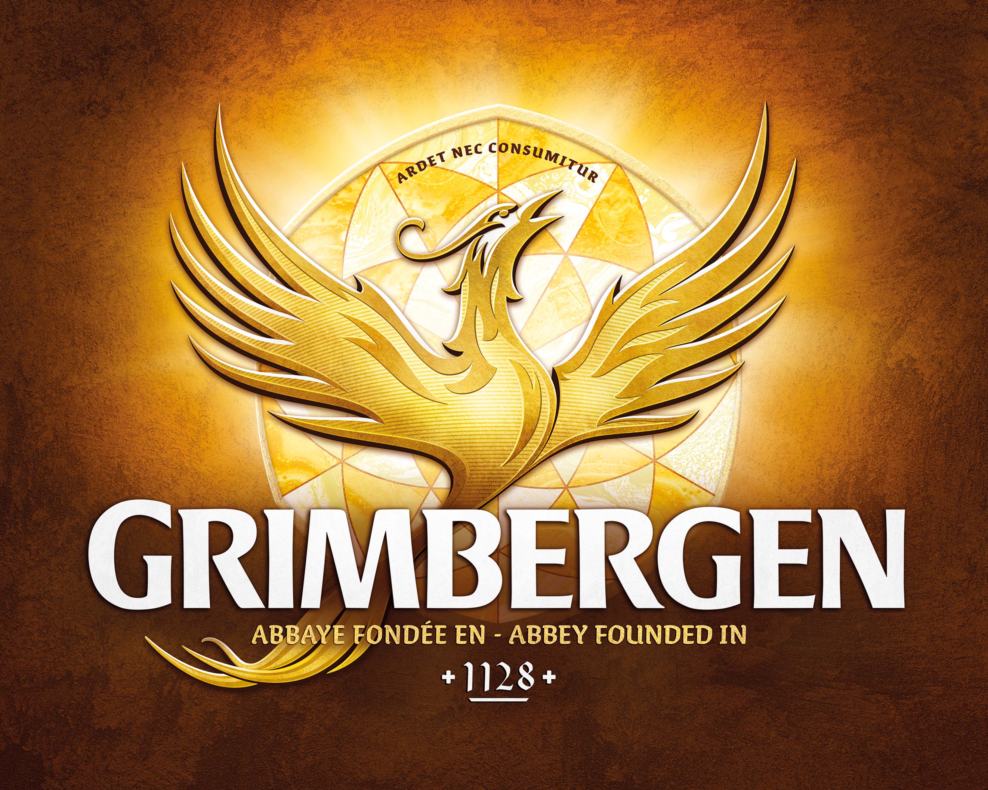 Grimbergen Bier, belgische Abtei-Brauerei, vollmundig, charakterstark, traditionsreich, Logo mit Phönix vor neutralem Hintergrund.