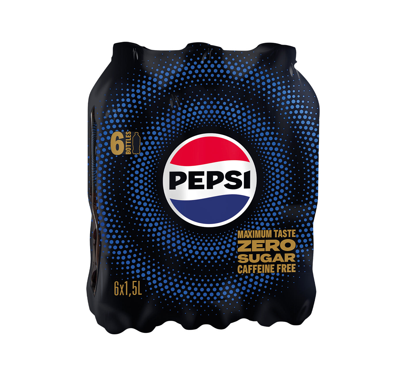 DE: Pepsi Zero Sugar Caffeine Free 6×1.5L Pack – schwarze Schrumpffolie mit blauem Punktmuster und großem Pepsi-Logo, vor neutralem Hintergrund.
FR: Pepsi Zero Sugar Caffeine Free 6×1,5L pack – film plastique noir à motifs bleus et grand logo Pepsi, sur fond neutre.
IT: Pepsi Zero Sugar Caffeine Free 6×1,5L confezione – pellicola nera con motivo blu e grande logo Pepsi, su sfondo neutro.