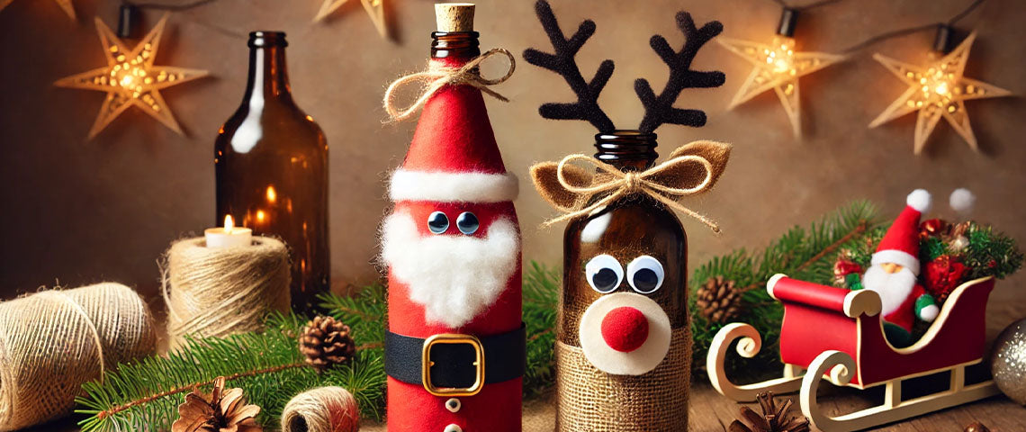 DE: bierflaschen als weihnachtsmann und rentier deko  FR: bouteilles biere pere noel renne deco  IT: bottiglie birra babbo natale renna decorazione