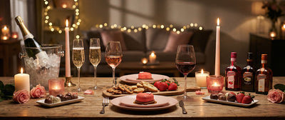 DE: Romantischer Tisch mit Kerzen, Champagner, Erdbeeren und Desserts. FR : Table romantique avec bougies, champagne, fraises et desserts. IT: Tavola romantica con candele, champagne, fragole e dessert.