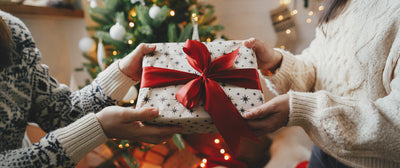 🇩🇪 Zwei Personen tauschen ein Geschenk mit roter Schleife, vor neutralem Hintergrund. 🇫🇷 Deux personnes échangent un cadeau avec un ruban rouge, sur fond neutre. 🇮🇹 Due persone si scambiano un regalo con nastro rosso, su sfondo neutro.