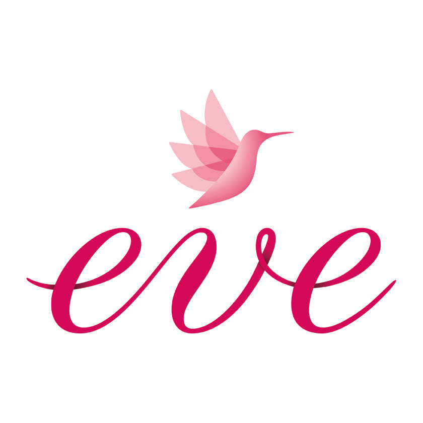 DE: Pinkes Eve Logo mit Kolibri Symbol darueber  FR: Logo Eve rose avec symbole de colibri au-dessus  IT: Logo Eve rosa con simbolo di colibri sopra