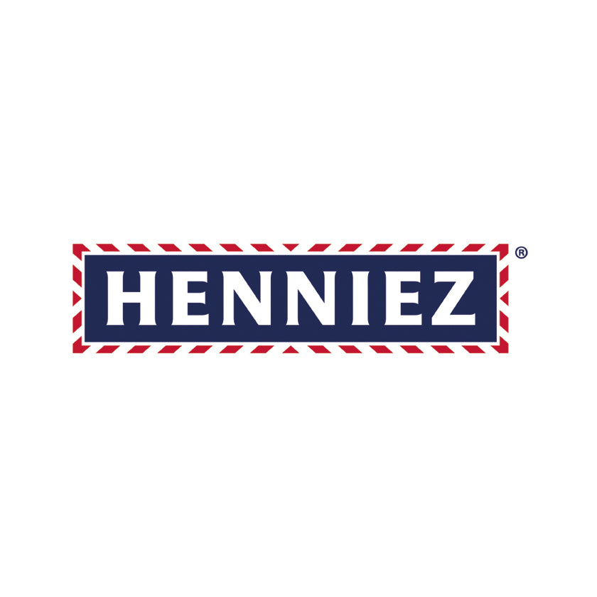 DE: Blaues Henniez Logo mit rotem Randmuster und weisser Schrift  FR: Logo Henniez bleu avec bordure rouge et inscription blanche  IT: Logo Henniez blu con bordo rosso e scritta bianca