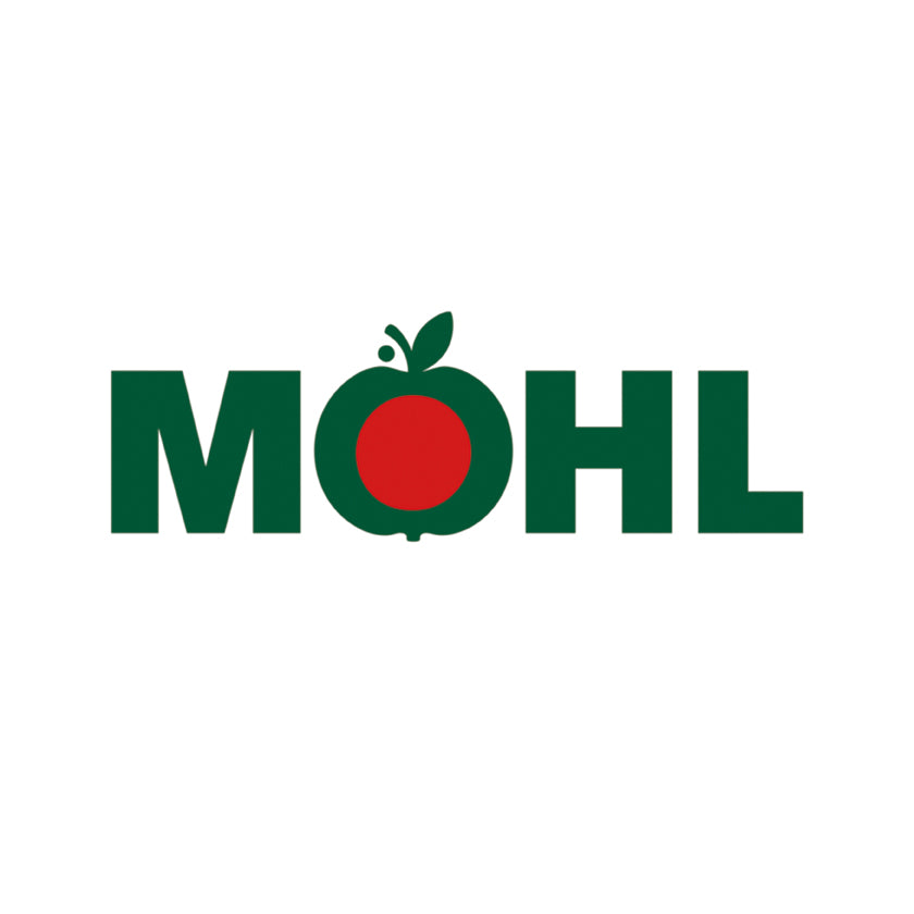 DE: Gruenes Moehl Logo mit rotem Apfelsymbol als Buchstabe O  FR: Logo Moehl vert avec symbole de pomme rouge comme lettre O  IT: Logo Moehl verde con simbolo di mela rossa come lettera O