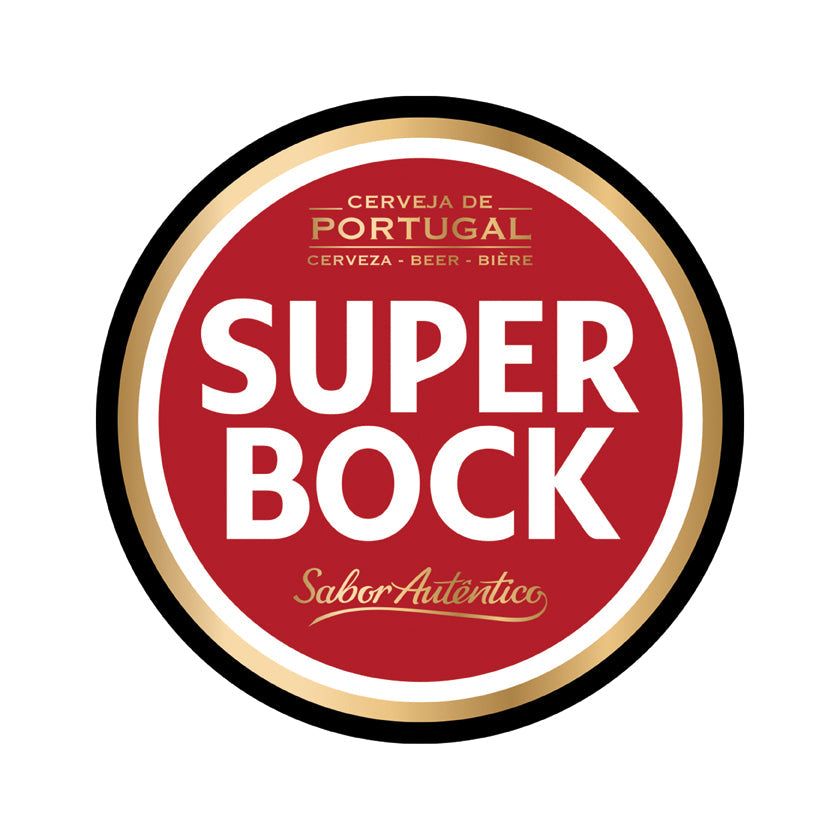 DE: Rundes Super Bock Logo in Rot mit weissem Text und goldener Umrandung  FR: Logo rond Super Bock en rouge avec texte blanc et bordure doree  IT: Logo rotondo Super Bock rosso con testo bianco e bordo dorato
