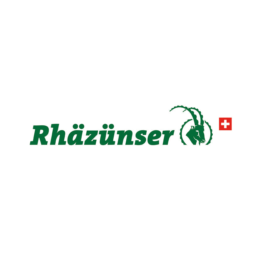 DE: Gruenes Rhaezuenser Logo mit Steinbockkopf und rotem Schweizer Kreuz  FR: Logo Rhaezuenser vert avec tete de bouquetin et croix suisse rouge  IT: Logo Rhaezuenser verde con testa di stambecco e croce svizzera rossa