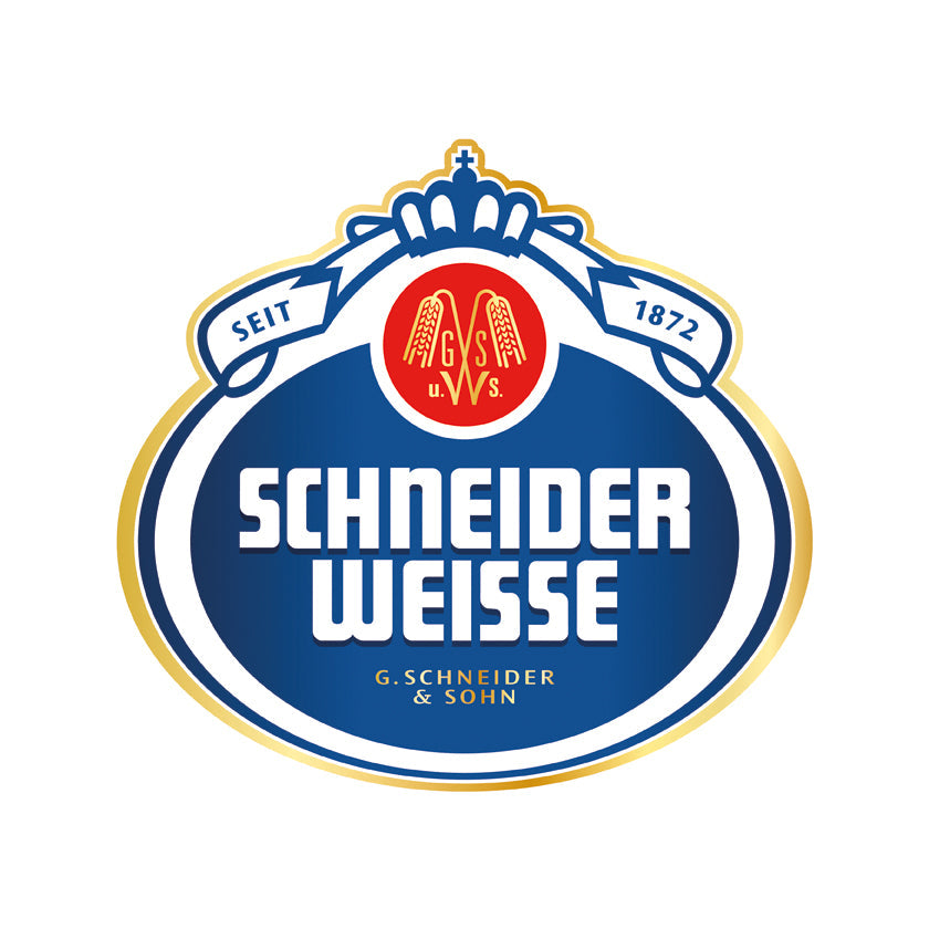 DE: Schneider Weisse Logo blau-weiss mit Krone und rotem Emblem seit 1872  FR: Logo Schneider Weisse bleu et blanc avec couronne et emblème rouge depuis 1872  IT: Logo Schneider Weisse blu e bianco con corona ed emblema rosso dal 1872