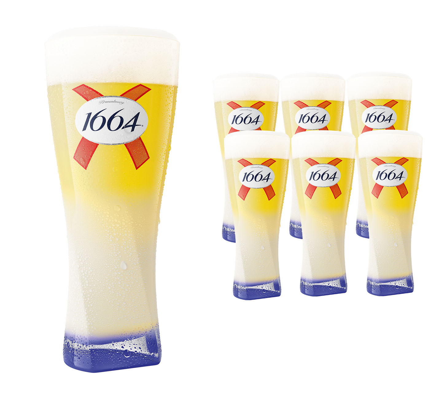 1664 Blanc Glas-Set mit 6 eleganten Reliefglaesern à 25cl, perfekt fuer 1664 Blanc oder 1664 Blanc 0.0%, klares Glasdesign vor neutralem Hintergrund, ideal fuer stilvollen Biergenuss.