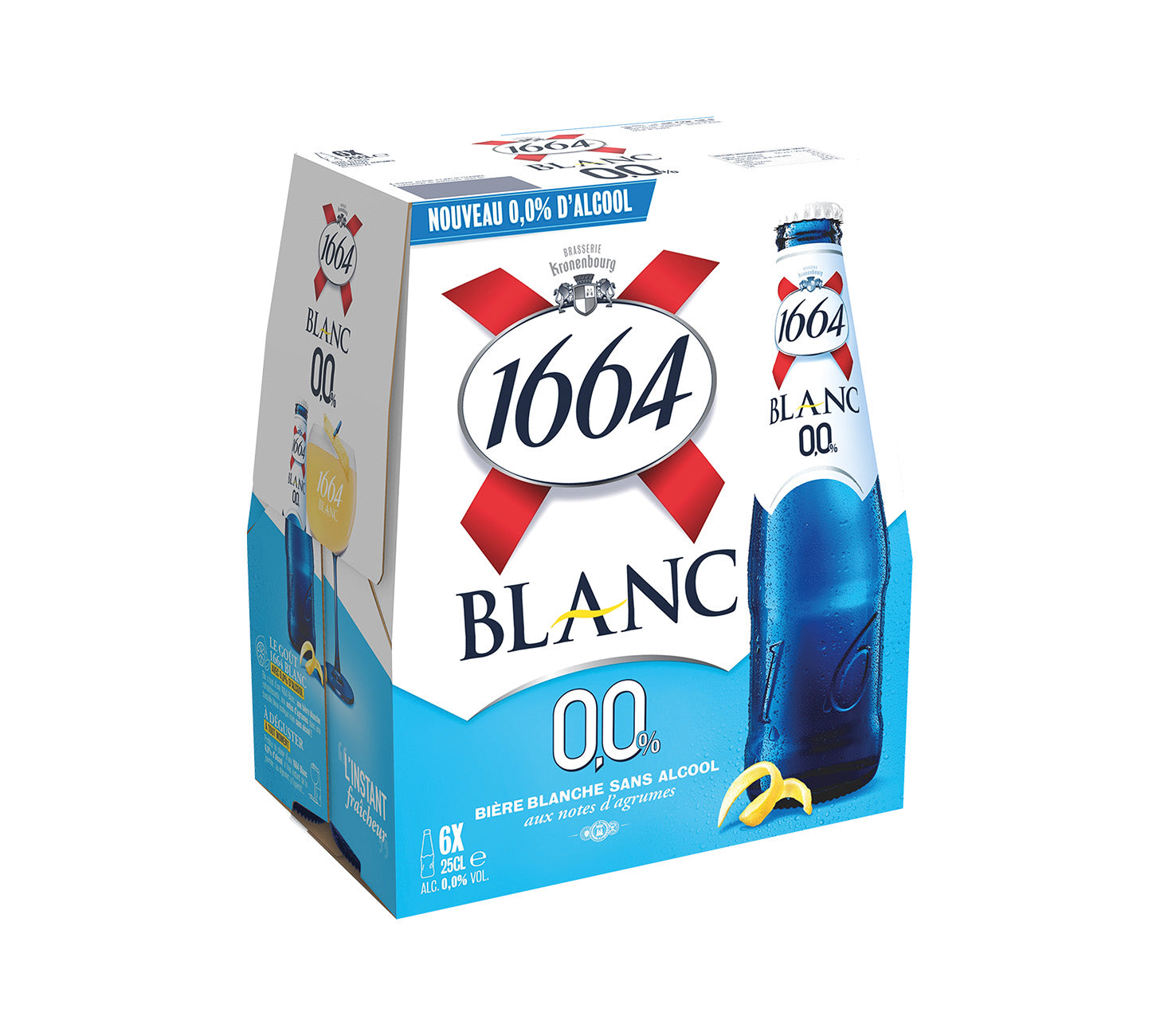 DE: 1664 Blanc 0.0% 6×25cl – alkoholfreies französisches Weizenbier mit frischen Zitrusnoten und leichten exotischen Aromen, elegant präsentiert vor neutralem Hintergrund.

FR: 1664 Blanc 0.0% 6×25cl – bière blanche française sans alcool aux notes d’agrumes fraîches et arômes exotiques légers, présentée élégamment sur fond neutre.

IT: 1664 Blanc 0.0% 6×25cl – birra blanche francese analcolica con fresche note agrumate e leggere sfumature esotiche.
