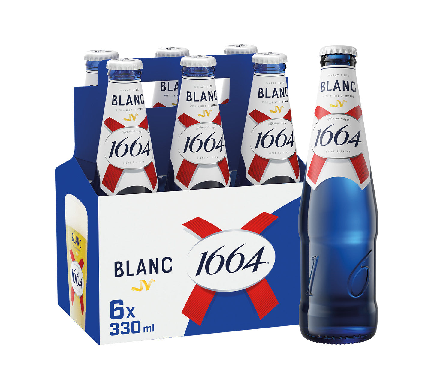 DE: 1664 Blanc Weizenbier 6×33 cl, Premiumbier aus Frankreich, erfrischend, prickelnd, fruchtige Zitrusnoten, exotische Aromen, elegantes 6er-Pack vor neutralem Hintergrund.

FR: 1664 Blanc bière blanche 6×33 cl, bière premium de France, rafraîchissante et pétillante, notes d’agrumes et arômes exotiques, pack élégant sur fond neutre.

IT: 1664 Blanc birra di frumento 6×33 cl, birra premium francese, rinfrescante e frizzante, note agrumate e aromi esotici, confezione elegante su sfondo neutro.