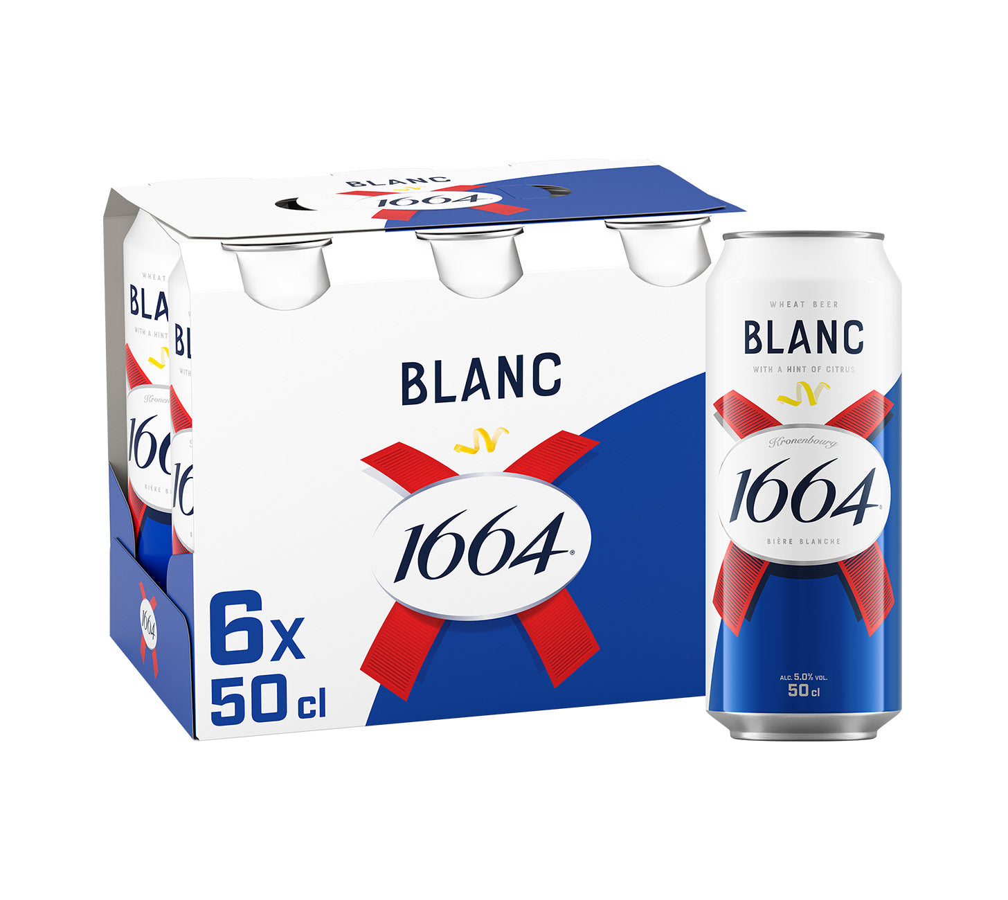 DE: 1664 Blanc – spritziges Weizenbier mit Zitrusnote, 6x50 cl Dosen Pack, vor neutralem Hintergrund

FR: 1664 Blanc – bière blanche pétillante aux notes d’agrumes, pack de 6x50 cl canettes, sur fond neutre

IT: 1664 Blanc – birra di frumento frizzante con note agrumate, confezione da 6x50 cl lattine, su sfondo neutro