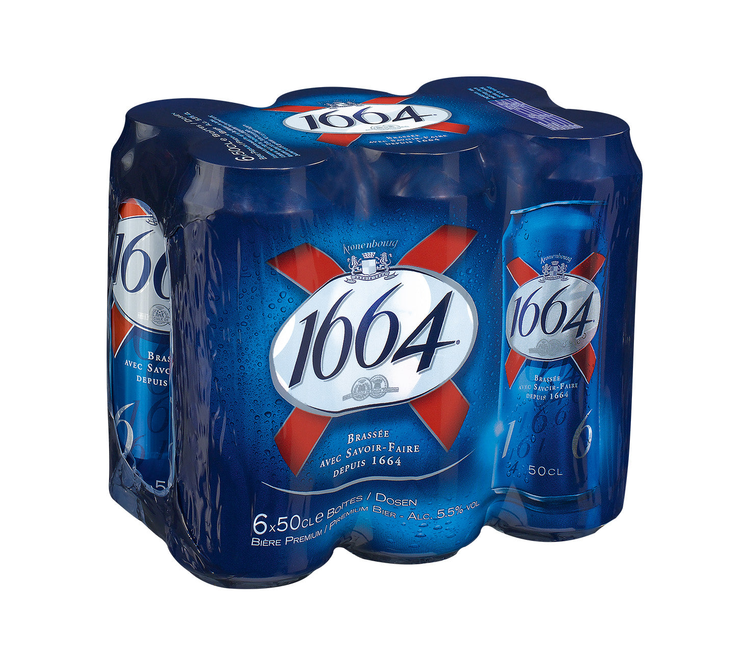 DE: 1664 Lagerbier 6×50cl – Dosenpack mit goldfarbenem französischem Lager und feinem Geschmack, vor neutralem Hintergrund.

FR: 1664 Lager bière 6×50cl – pack de canettes de lager français doré au goût délicat, sur fond neutre.

IT: 1664 Lager birra 6×50cl – confezione di lattine di lager francese dorato dal gusto fine, su sfondo neutro.