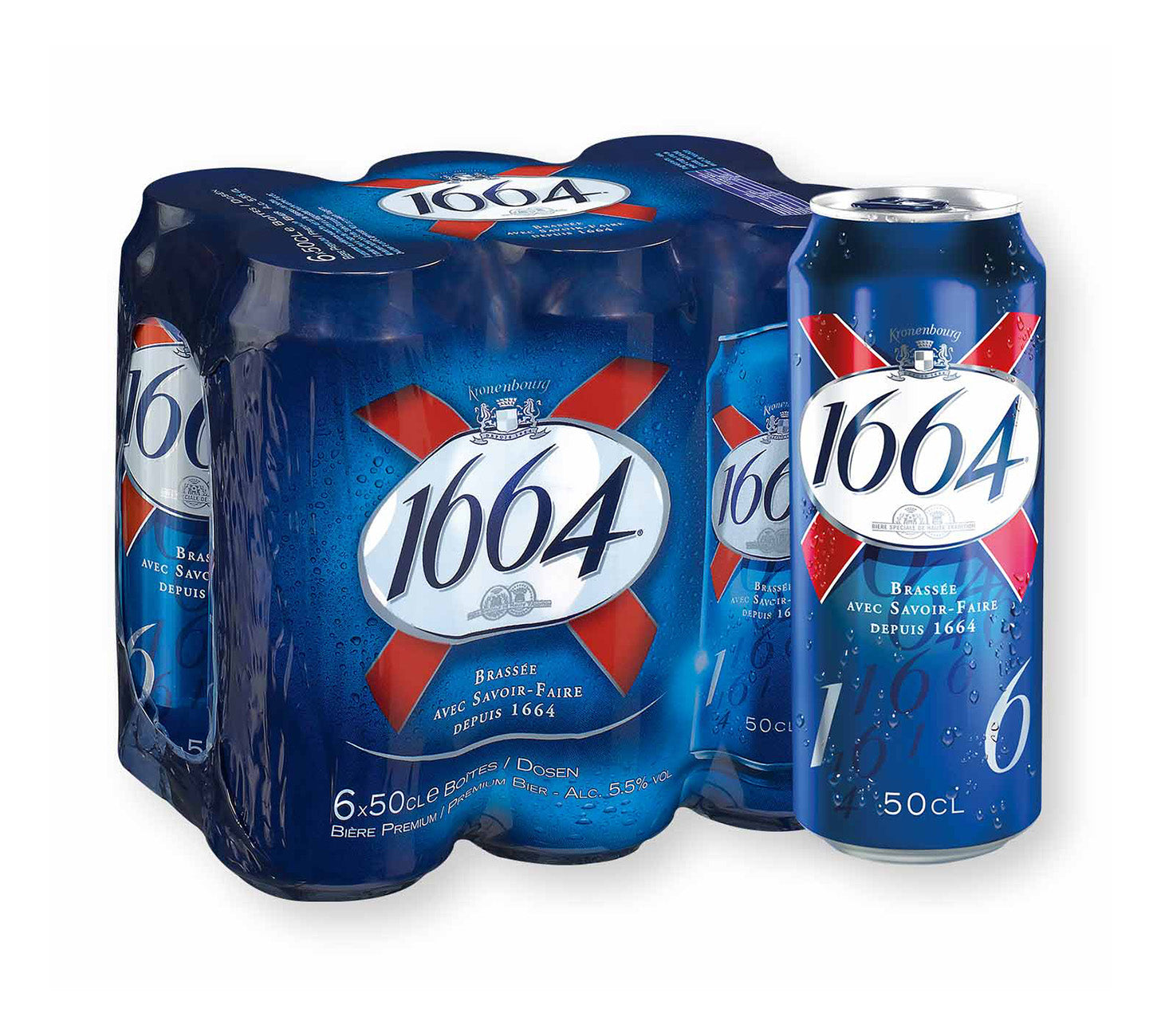 DE: 1664 Lagerbier 6×50cl MHI – Dosenpack mit goldfarbenem französischem Lager, inklusive einzeln dargestellter Dose, vor neutralem Hintergrund.

FR: 1664 Lager bière 6×50cl MHI – pack de canettes avec lager français doré et canette présentée séparément, sur fond neutre.

IT: 1664 Lager birra 6×50cl MHI – confezione di lattine con lager francese dorato e lattina mostrata accanto, su sfondo neutro.