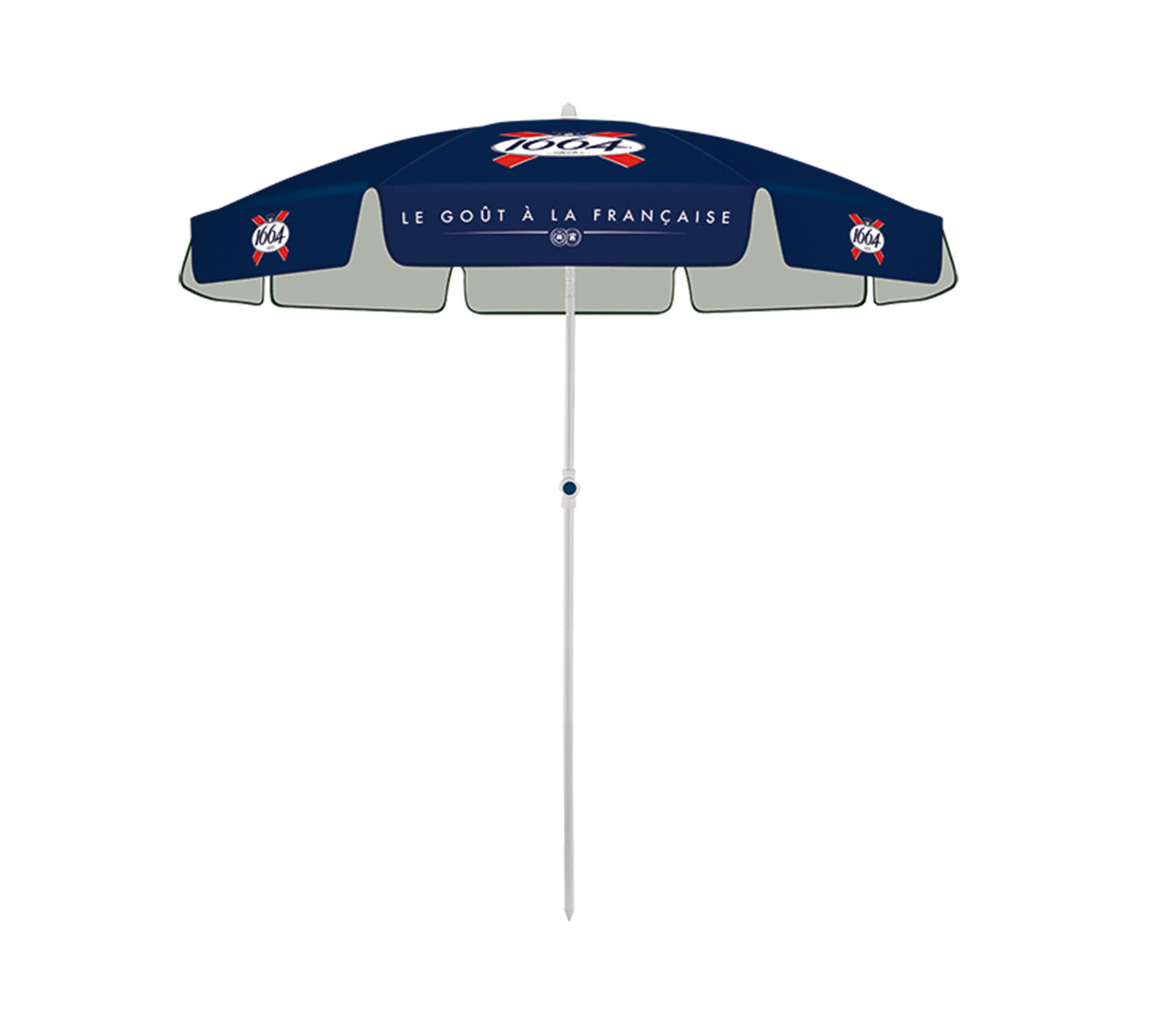 DE: 1664 Sonnenschirm klein 180 cm – blauer Sonnenschirm mit 1664-Branding und Metallmast, vor neutralem Hintergrund.

FR: Parasol 1664 petit 180 cm – parasol bleu avec logo 1664 et mât métallique, sur fond neutre.

IT: Ombrellone 1664 piccolo 180 cm – ombrellone blu con logo 1664 e palo in metallo, su sfondo neutro.