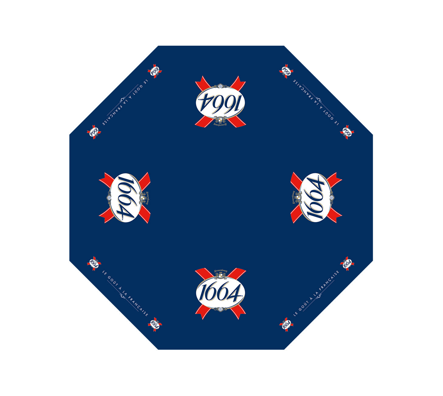 DE: 1664 Sonnenschirm-Layout – blaue Schirmbespannung mit 1664-Logos in Draufsicht, Grafikdarstellung.

FR: Parasol 1664 – visuel de la toile bleue vue de dessus avec logos 1664, représentation graphique.

IT: Ombrellone 1664 – vista dall’alto della tela blu con loghi 1664, rappresentazione grafica.