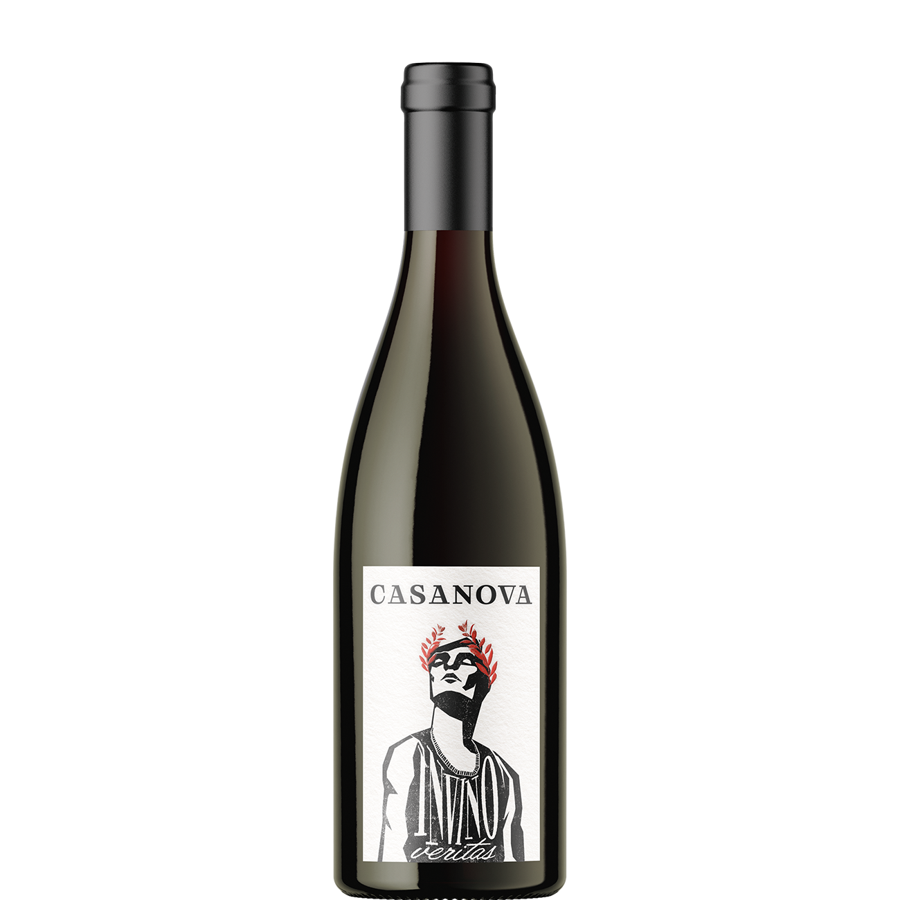 „Flasche Rotwein mit schwarzem Etikett, Aufschrift ‚Casanova‘ und Illustration einer stilisierten Person mit rotem Lorbeerkranz, darunter der Schriftzug ‚In Vino Veritas‘.“