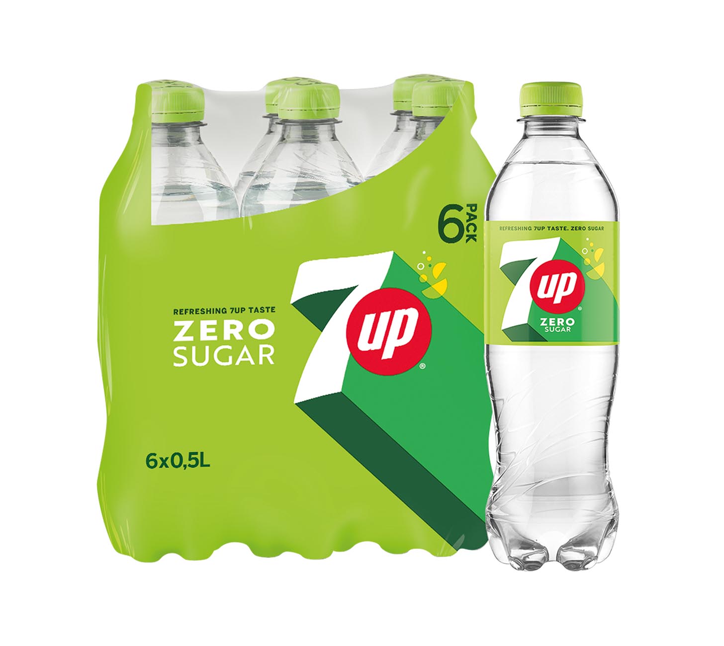 DE: 7UP Zero Softdrink 50cl 6-Pack MHI, zuckerfreie Zitronen-Limetten-Limonade, Pack mit Einzelflasche dargestellt, vor neutralem Hintergrund.

FR: 7UP Zero boisson 50cl pack de 6 MHI, limonade sans sucre avec bouteille individuelle, sur fond neutre.

IT: 7UP Zero soft drink 50cl confezione da 6 MHI, limonata senza zucchero con bottiglia singola, su sfondo neutro.

Keywords: 7up zero mhi, pet flasche, softdrink