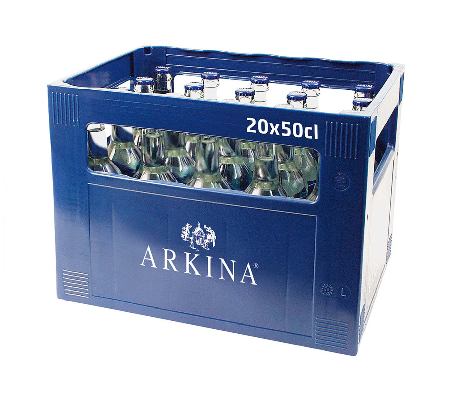 DE: Arkina Blau ohne Kohlensäure 50 cl 20-Harasse – stilles Mineralwasser in Glasflaschen im blauen Arkina-Kasten.

FR: Arkina Bleu sans gaz 50 cl 20-Harasse – eau minérale plate en bouteilles en verre dans une caisse bleue Arkina.

IT: Arkina Blu senza gas 50 cl 20-Harasse – acqua minerale naturale in bottiglie di vetro in cassetta blu Arkina.