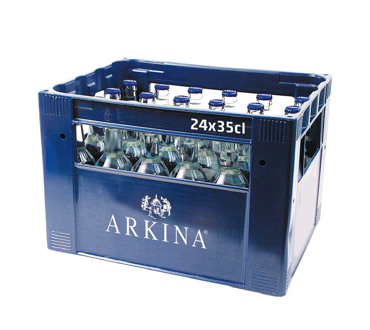DE: Arkina Blau ohne Kohlensäure 35 cl 24-Harasse – stilles Mineralwasser in Glasflaschen im blauen Arkina-Kasten.

FR: Arkina Bleu sans gaz 35 cl 24-Harasse – eau minérale plate en bouteilles en verre dans une caisse bleue Arkina.

IT: Arkina Blu senza gas 35 cl 24-Harasse – acqua minerale naturale senza bollicine in bottiglie di vetro in cassetta blu Arkina.