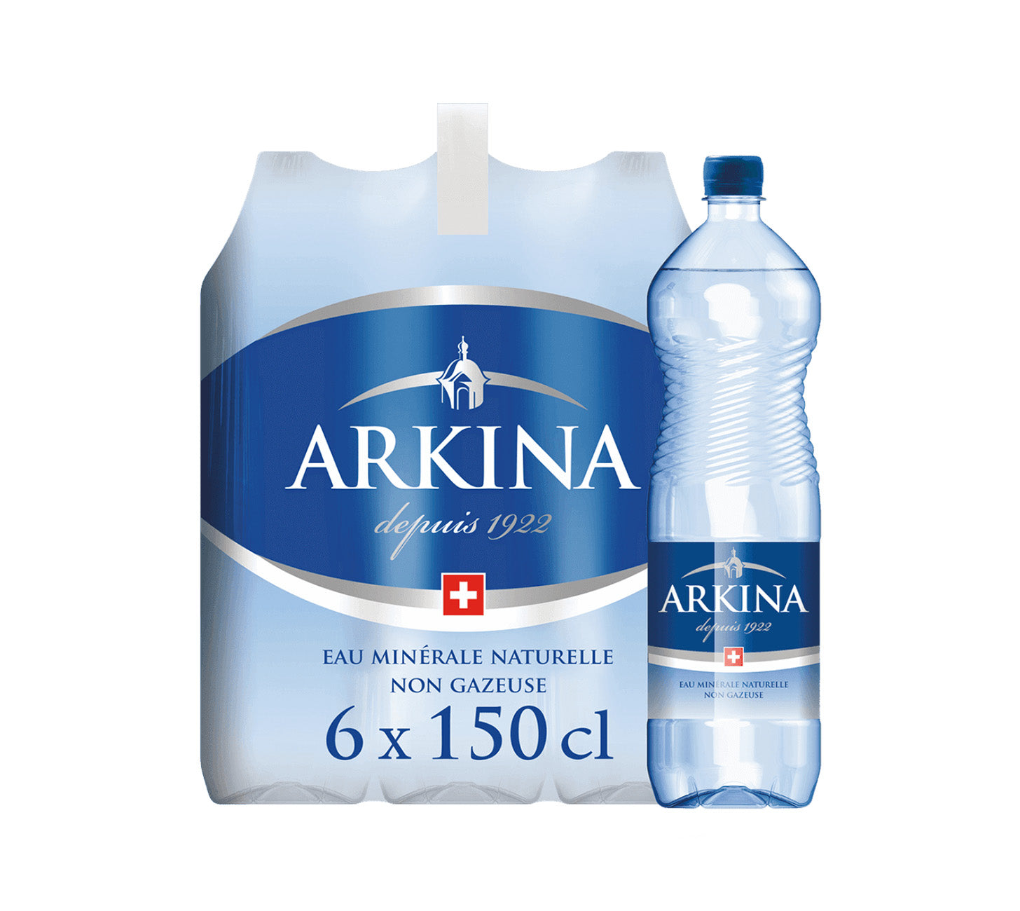 DE: Arkina Blau ohne Kohlensäure 150cl 6-Pack, stilles Mineralwasser in PET-Flaschen, MHI.

FR: Arkina Bleu sans gaz 150cl pack de 6, eau minérale plate en bouteilles PET, MHI.

IT: Arkina Blu senza gas 150cl confezione da 6, acqua minerale naturale in bottiglie PET, MHI.