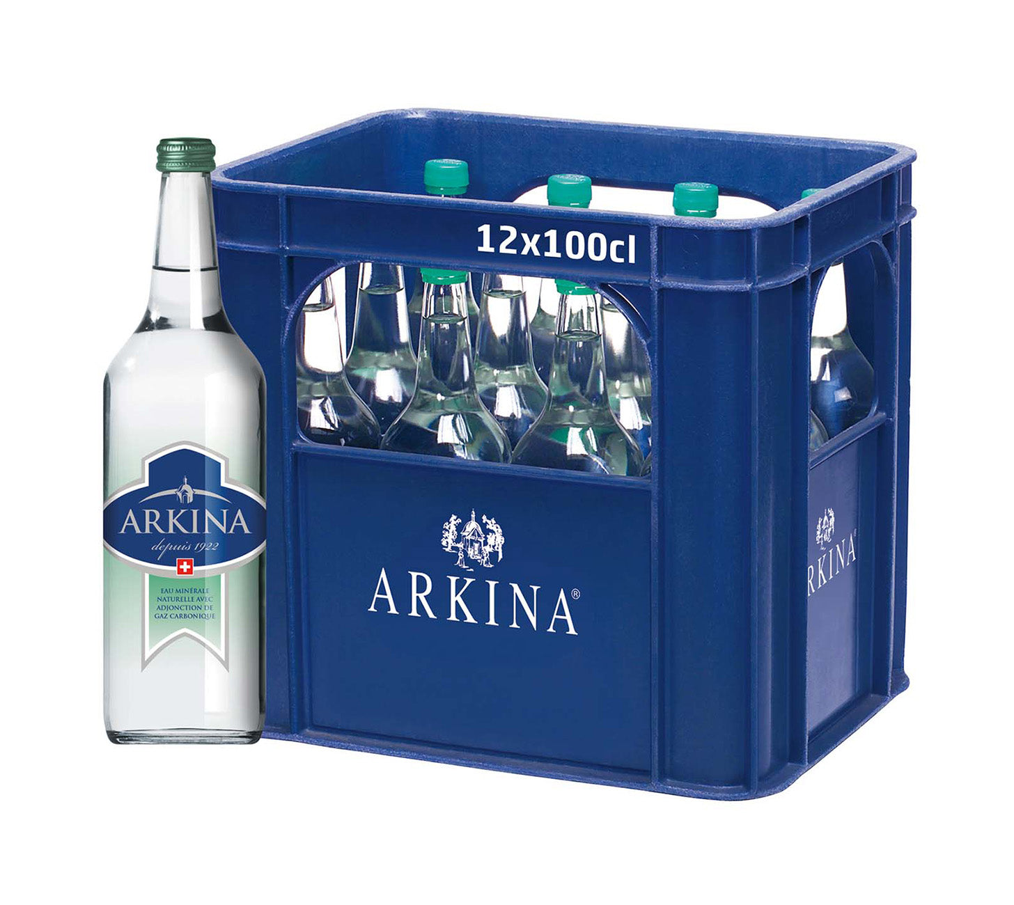 DE: Arkina Grün mit Kohlensäure 100cl 12-Harasse – sprudelndes Schweizer Mineralwasser in Glasflaschen, Mehrweg, Feldschlösschen Getränkeshop.

FR: Arkina Vert gazeuse 100cl 12-harasse – eau minérale suisse pétillante en bouteilles en verre consignées, Feldschlösschen Getränkeshop.

IT: Arkina Verde frizzante 100cl 12-cassetta – acqua minerale svizzera gassata in bottiglie di vetro a rendere, Feldschlösschen Getränkeshop.