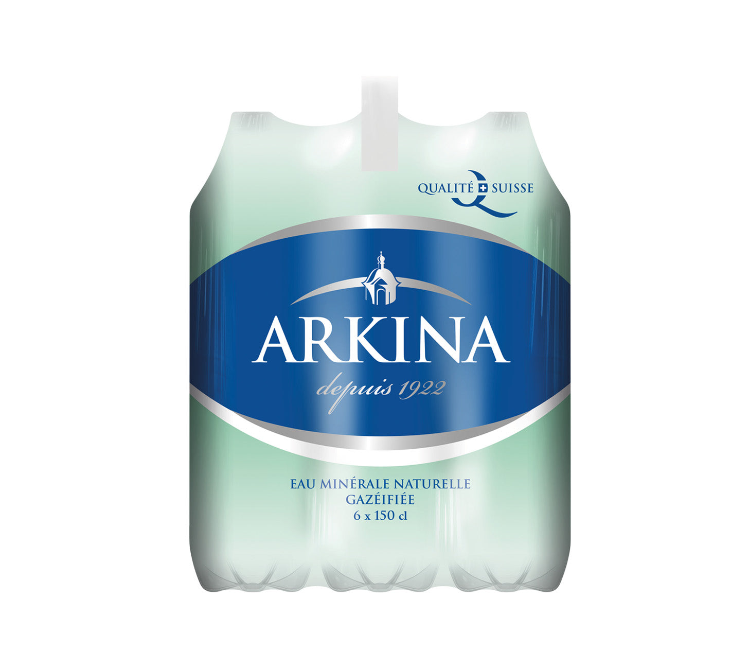 DE: Arkina Grün mit Kohlensäure 150cl 6-Pack, sprudelndes Mineralwasser in PET-Flaschen.

FR: Arkina Vert gazeuse 150cl 6-Pack, eau minérale pétillante en grandes bouteilles PET.

IT: Arkina Verde frizzante 150cl 6-Pack, acqua minerale naturale gassata in grandi bottiglie PET.
