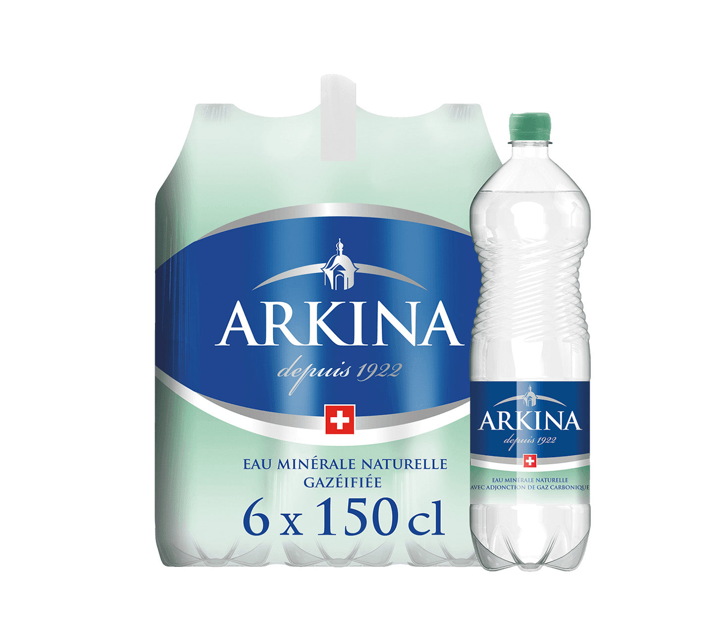 DE: Arkina Grün mit Kohlensäure 150cl 6-Pack, sprudelndes Mineralwasser in PET-Flaschen, MHI.

FR: Arkina Vert gazeuse 150cl 6-Pack, eau minérale pétillante en bouteilles PET, MHI.

IT: Arkina Verde frizzante 150cl 6-Pack, acqua minerale naturale gassata in bottiglie PET, MHI.