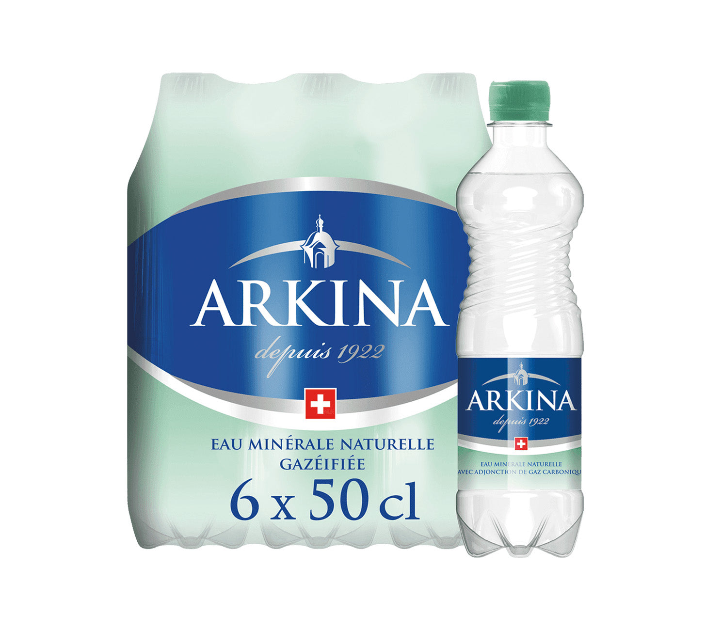 DE: Arkina Grün mit Kohlensäure 50cl 6-Pack – sprudelndes Mineralwasser in PET-Flaschen für den täglichen Genuss.

FR: Arkina Vert gazeuse 50cl 6-Pack – eau minérale pétillante en bouteilles PET pour une consommation quotidienne.

IT: Arkina Verde frizzante 50cl 6-Pack – acqua minerale naturale gassata in bottiglie PET per il consumo quotidiano.