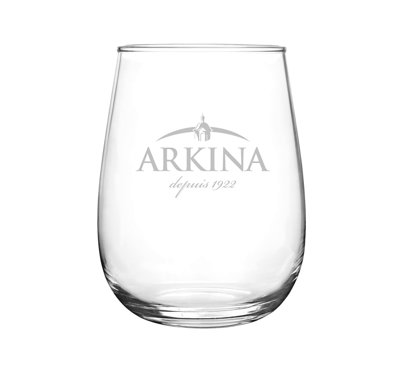 DE: Einzelnes Arkina-Wasserglas 20 cl mit Logo auf weissem Hintergrund.

FR: Verre à eau Arkina 20 cl individuel avec logo sur fond blanc.

IT: Bicchiere da acqua Arkina 20 cl singolo con logo su sfondo bianco.