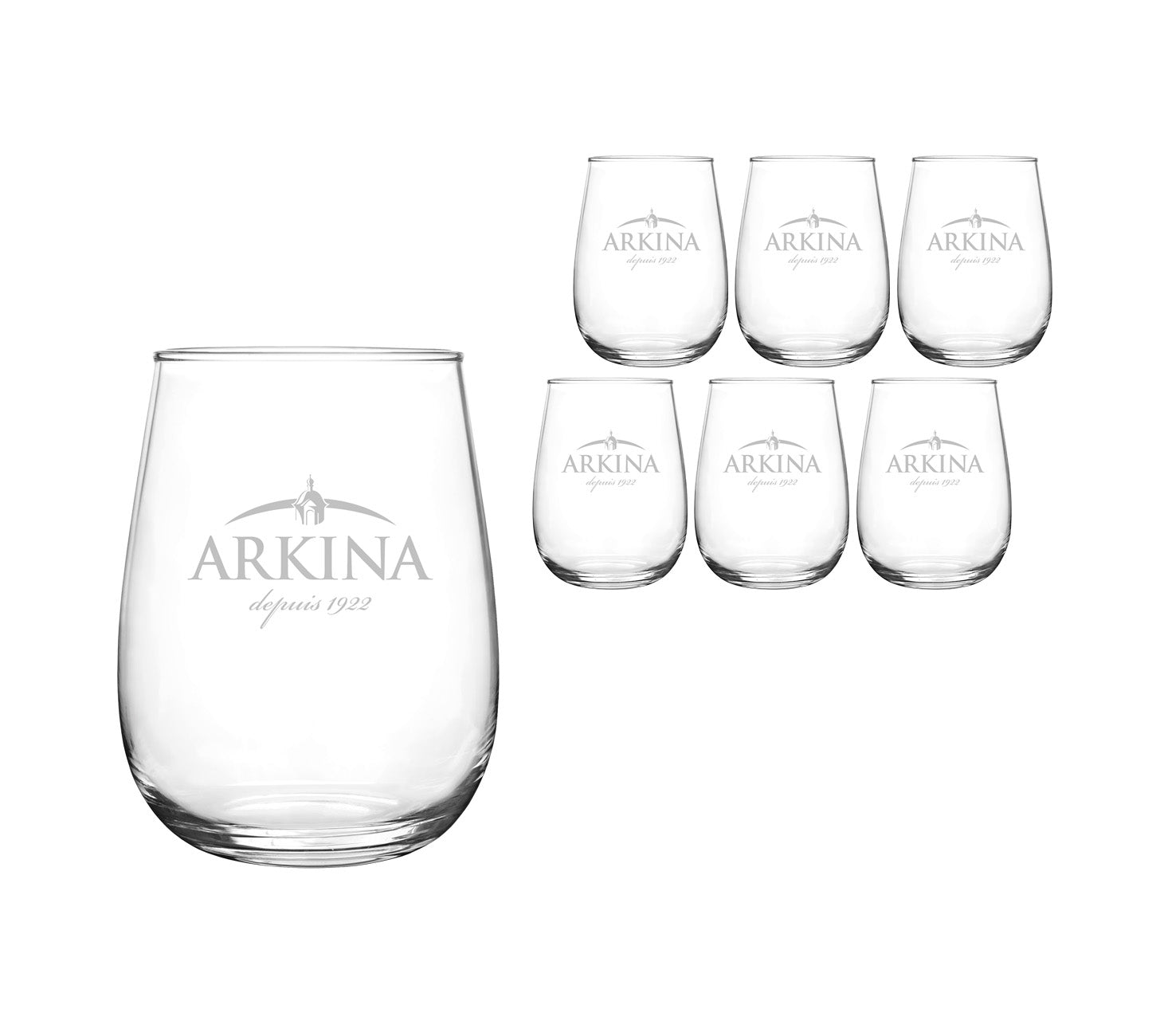 DE: Blaues Arkina-Glas-Set 6×20 cl, sechs kleine Wassergläser mit Arkina-Logo.

FR: Set de verres Arkina 6×20 cl, six petits verres à eau avec logo Arkina.

IT: Set bicchieri Arkina 6×20 cl, sei piccoli bicchieri da acqua con logo Arkina.