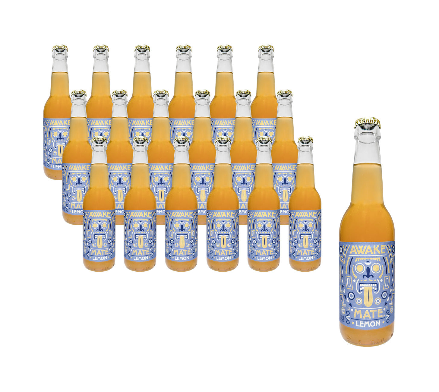DE: Awake Matee Lemon – erfrischendes Matee-Getränk mit Zitronengeschmack, 24×33cl Flaschenpack, vor neutralem Hintergrund.

FR: Awake Matee Lemon – boisson mate rafraîchissante au citron, pack de 24 bouteilles 33cl, sur fond neutre.

IT: Awake Matee Lemon – bevanda al mate rinfrescante al gusto di limone, confezione da 24 bottiglie da 33cl, su sfondo neutro.