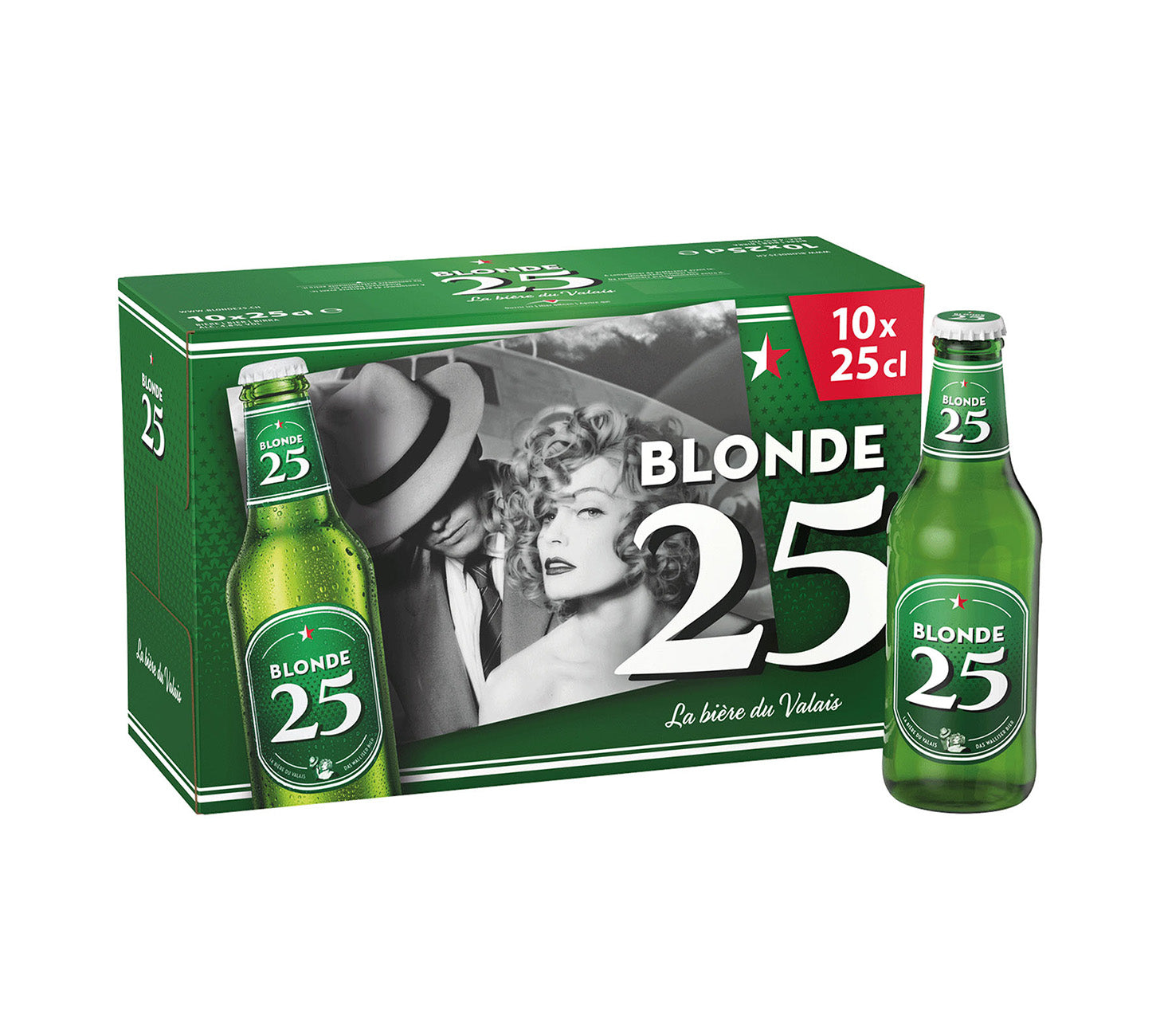 DE: Blonde 25 Bier 10×25cl – leichtes 2,5% Bier im grünen MHI-Produktbild mit 10er-Pack, Flasche und Retro-Motiv, vor neutralem Hintergrund.
FR:Blonde 25 bière 10×25cl – bière légère à 2,5% en visuel MHI avec pack vert, bouteille et motif rétro, sur fond neutre.
IT:Blonde 25 birra 10×25cl – birra leggera al 2,5% nel visual MHI con confezione verde, bottiglia e grafica rétro,
