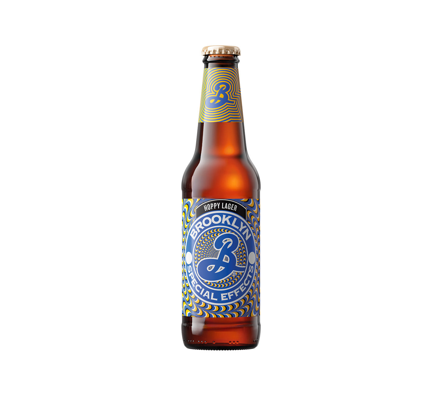 Brooklyn Special Effects Hoppy Lager alkoholfrei 33cl Einzelflasche, Craft Bier mit auffaelligem psychedelischem Etikettendesign, alkoholfreies Premium Bier, Erfrischung, Lager vor neutralem Hintergrund